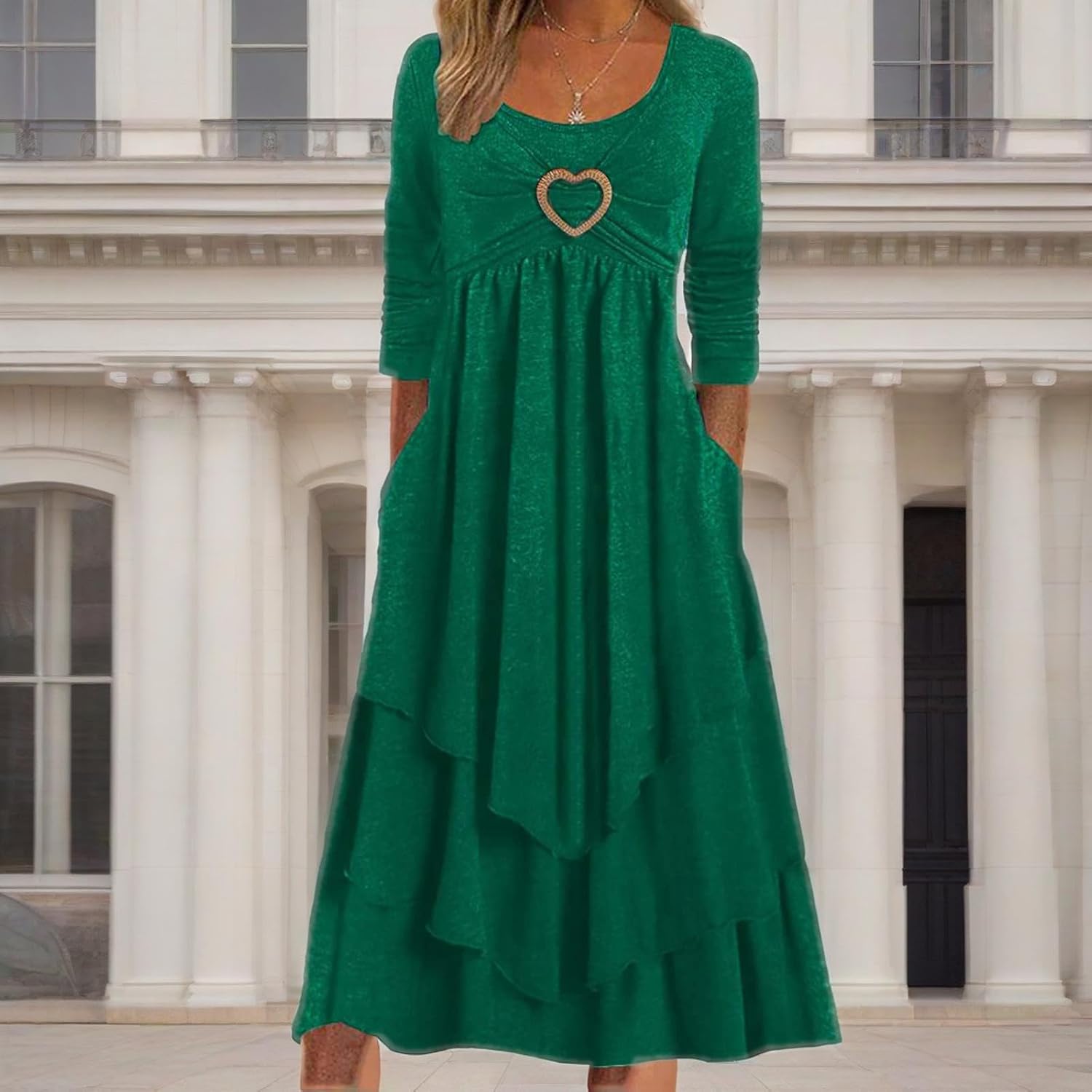 Winter Dresses for Women Wedding Guests Casual Cute Heart Long Sleeve Tiered Maxi Dress with Pockets Plus Size - Image 2
