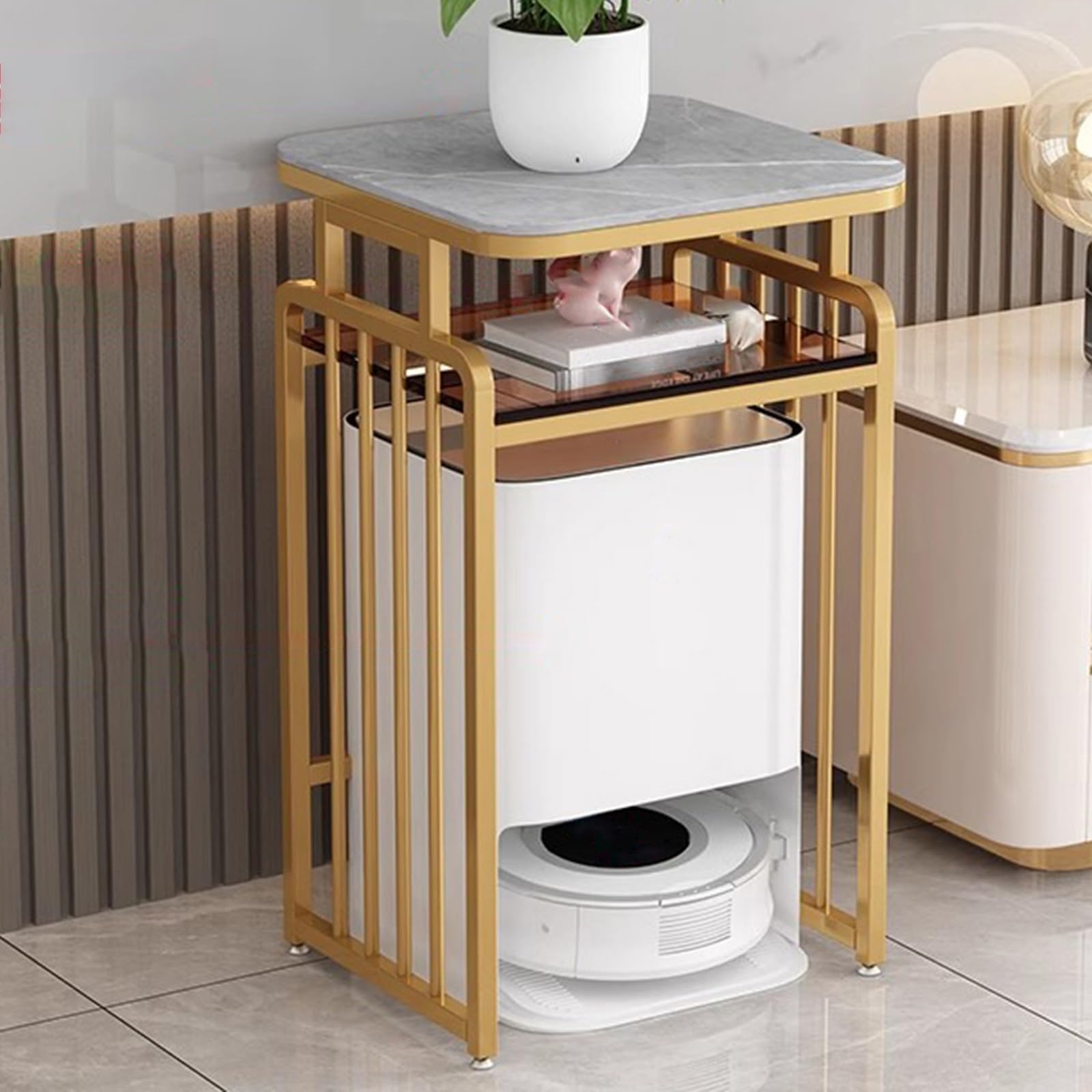 Stojak na odkurzacze o wysokości 85 cm, dwupoziomowy stolik kawowy do salonu, szafka do przechowywania robotów odkurzających, wytrzymały stolik nocny/stolik nocny ze,Gold+gray-W- 44cm/17.3in