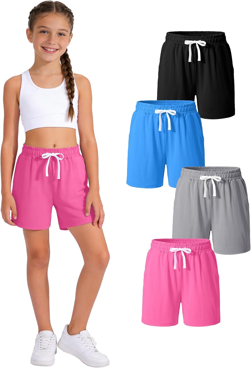 HASMES 4 Pack Girls Athletic Shorts Drawstring Quick Dry Basketball Soccer Running Shorts with Pockets