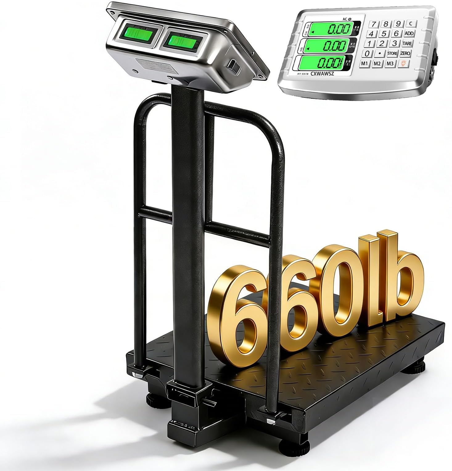 660LB Industrial Platform Scale with Removable Guardrail LB/KG Weight Computing Digital Scale Floor Platform Scale Perfect for Postal Luggage Shipping Mailing Weighing