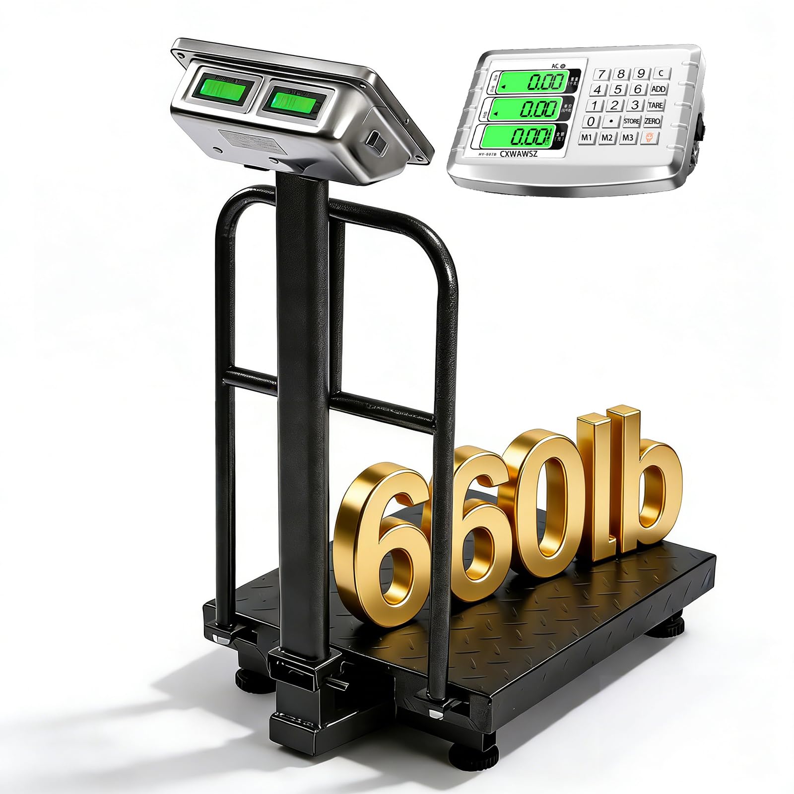 660LB Industrial Platform Scale with Removable Guardrail LB/KG Weight Computing Digital Scale Floor Platform Scale Perfect for Postal Luggage Shipping Mailing Weighing