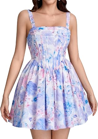 Parthea Womens Corset Floral Mini Dress Square Neck Back Lace Up Flared A Line Party Graduation Dresses