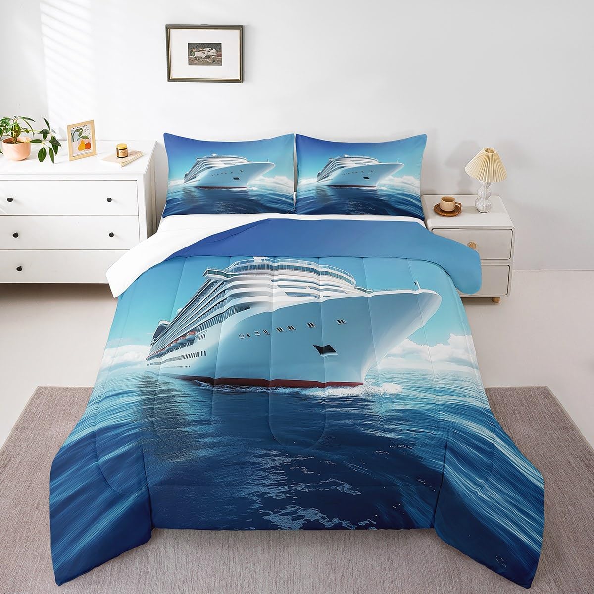 Cruise Ship Comforter for Girls Boys Adults Ocean Marine Travel Bedding Set for Kids Down Alternative Comforter for All Season Blue Sea Decor Comforter Set Queen Size,1 Comforter with 2 Pillowcase