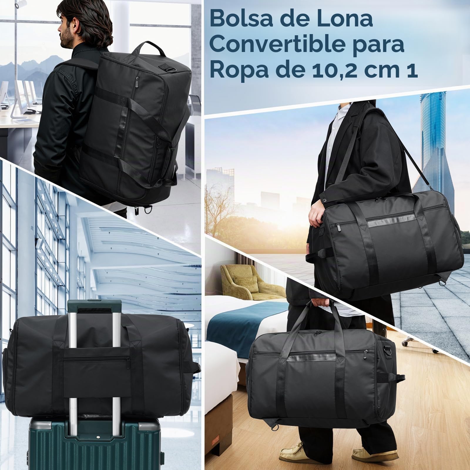 GARPROVM Bolsa de Viaje Convertible 4 en 1, con Compartimento Separado para Traje y Zapatos, Impermeable. Equipaje de Mano, Mochila o Bolsa de Fin de Semana para Hombres y Mujeres (Negro)
