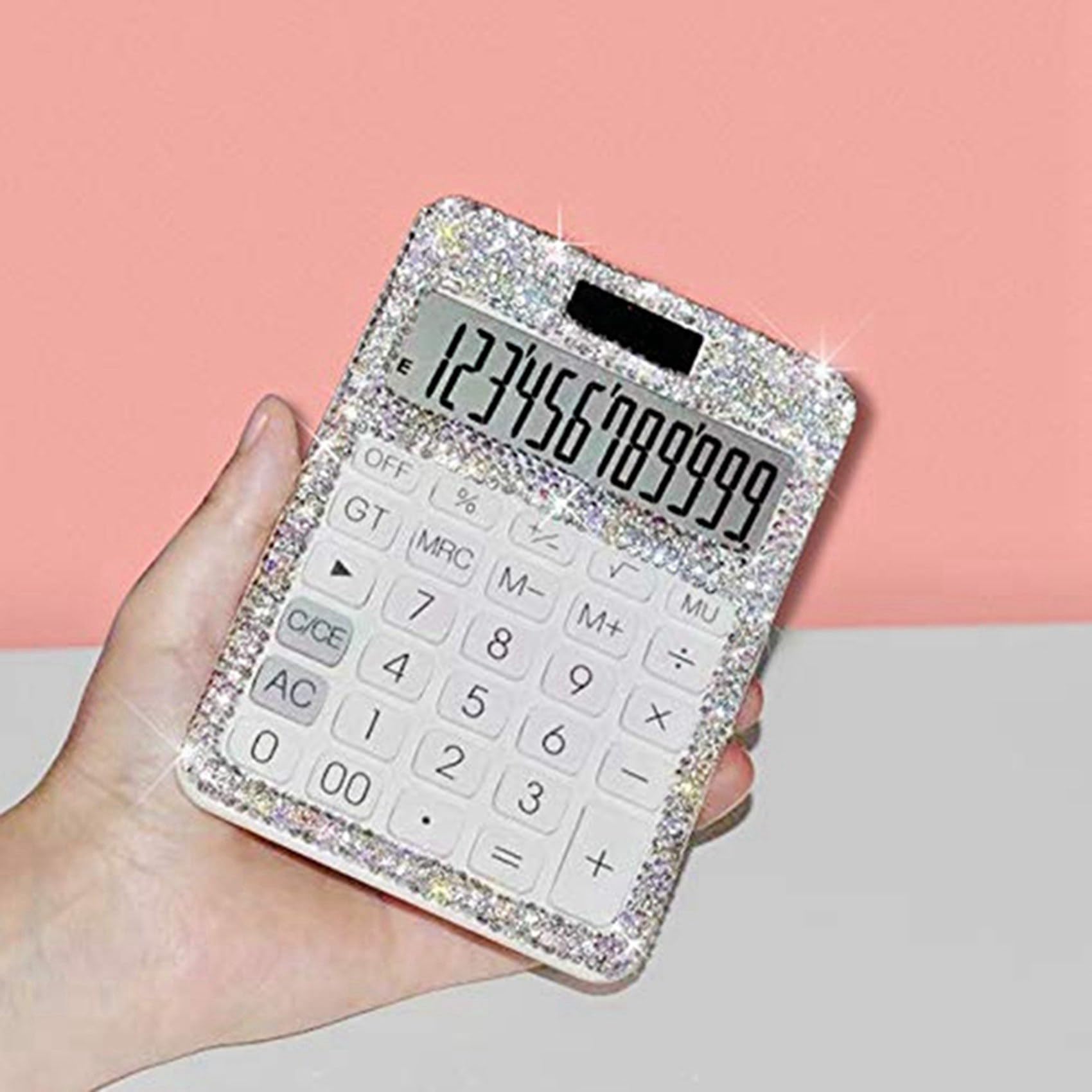3X di Strass Abbagliante 12 Cifre Solare e Doppia Alimentazione A Batteria, Calcolatrice Display LCD per Ufficio, Bianca Scuola