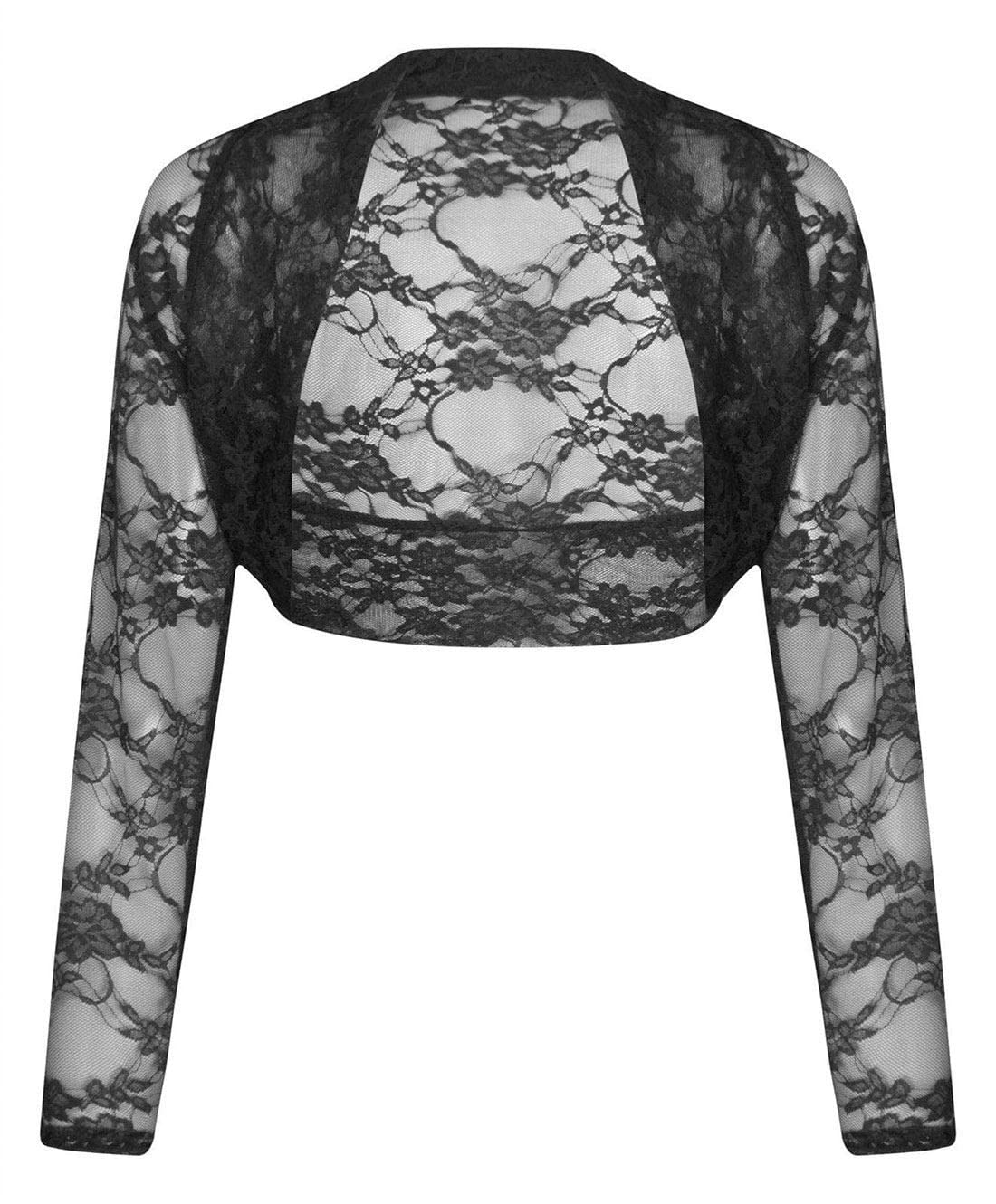 FAIRY BOUTIQUE Womens Floral Lace Cropped Bolero Shrug Ladies Long Sleeve Open Front Crop Cardigan Top Black