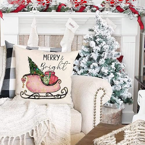 Pink Christmas Strips Pillow Covers 18X18 Set Of 4 Snowflake Christmas Tree Truck Sleigh Gift Wreath Throw Pillow Cases Hello Winter Holiday Outdoor Cushion Covers Farmhouse Christmas Decorations #TOP5