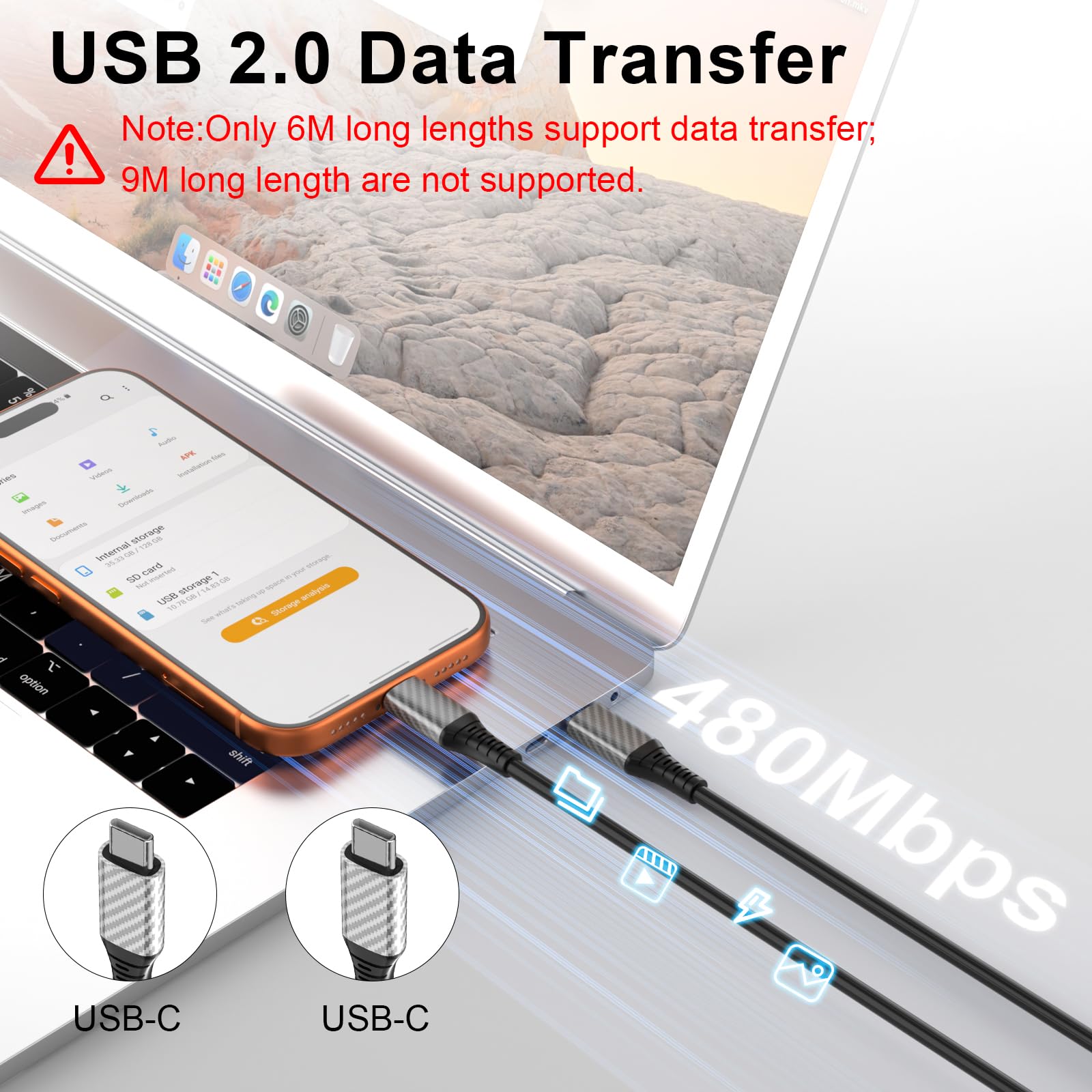 Câble USB C de 9 m, câble de charge extra long 60 W USB C vers USB C, noir