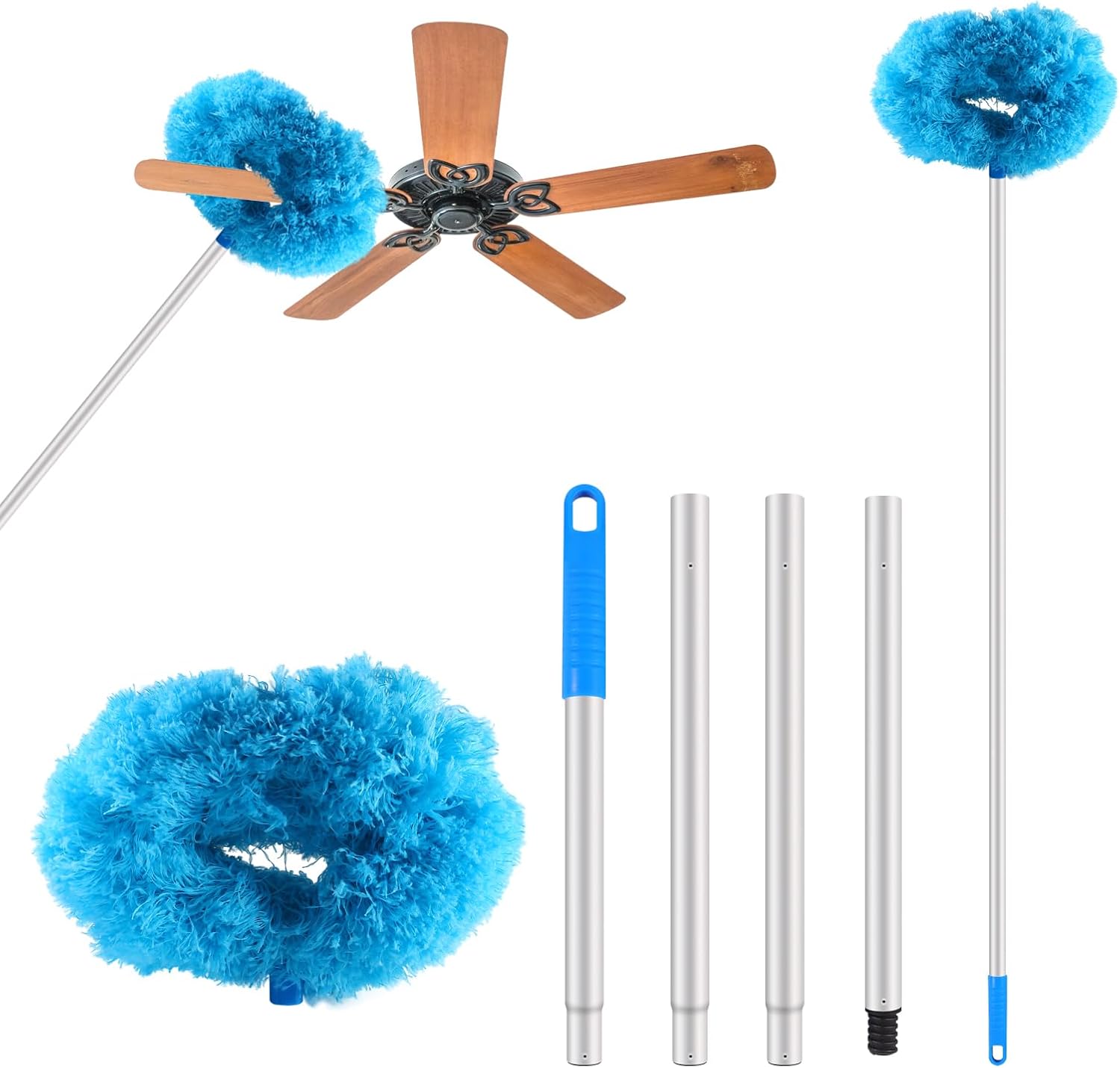 LUCKY-M Ceiling Fan Cleaner Duster, Removable Microfiber Ceiling Fan Blade Cleaner Reusable Duster with Extension Pole Adjusts 33 to 57.1 in for Cleaning Bookshelves Wall Door Window Top (Blue)