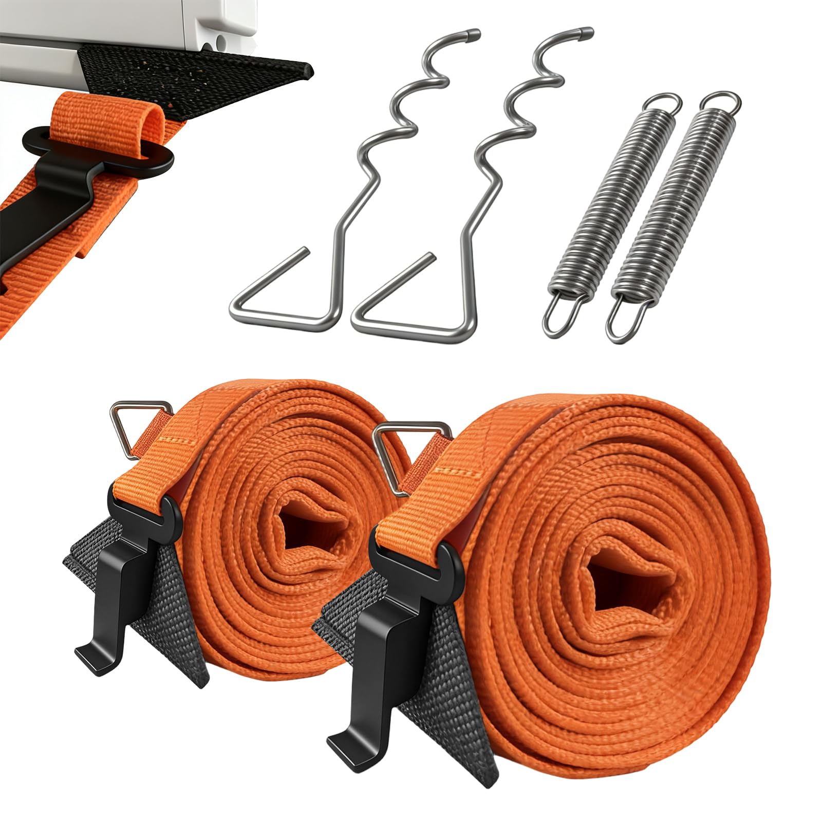 Awning Tie Down Kit for Motorhomes & Caravans, Universal Awning Storm Strap Kit with Adjustable Polyester Straps + Ground Anchors + Tension Springs + Storage Bag (Orange)