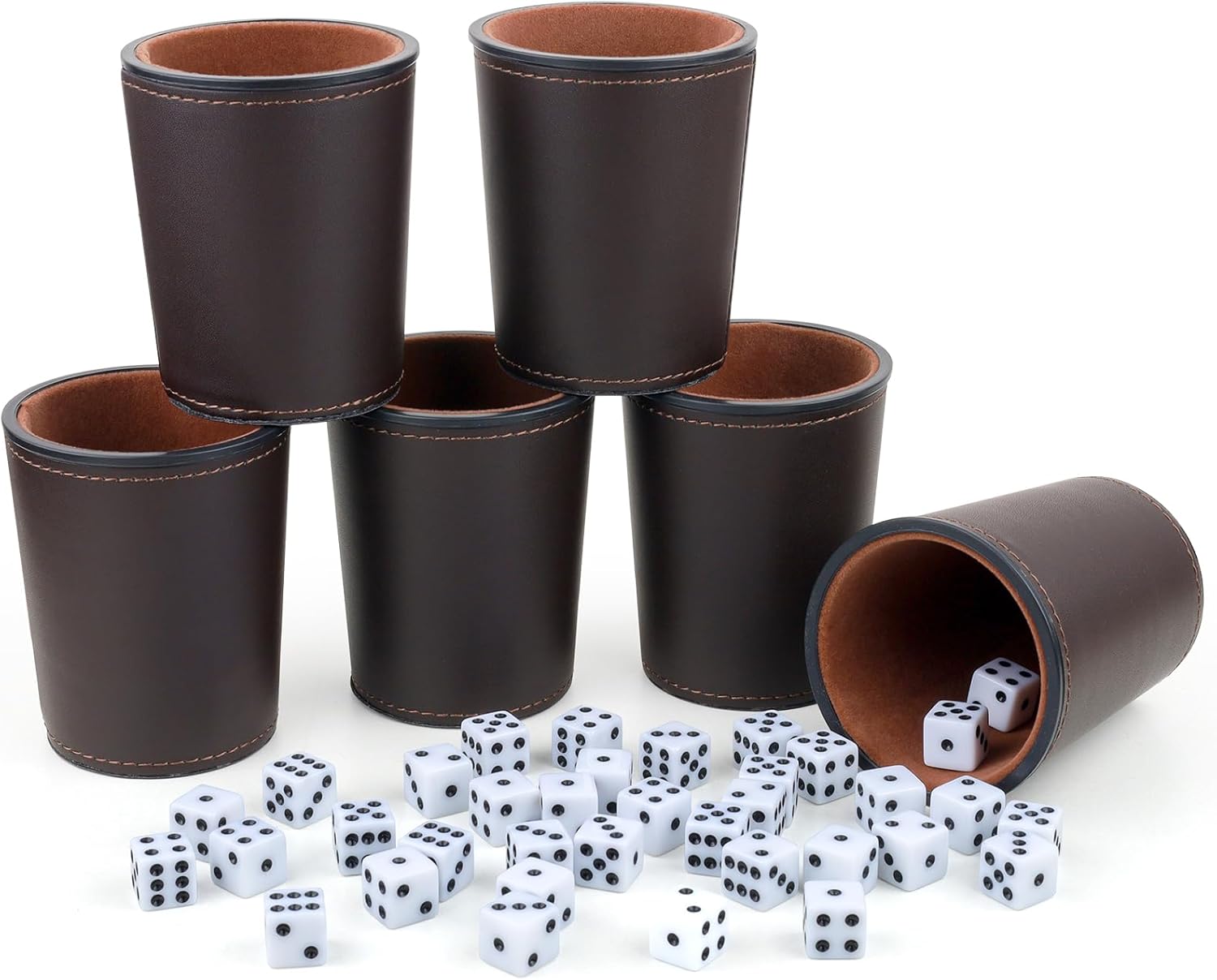 TOPTAN PU Leather Dice Cup Set, Includes 6 Dice Shakers and 36 White