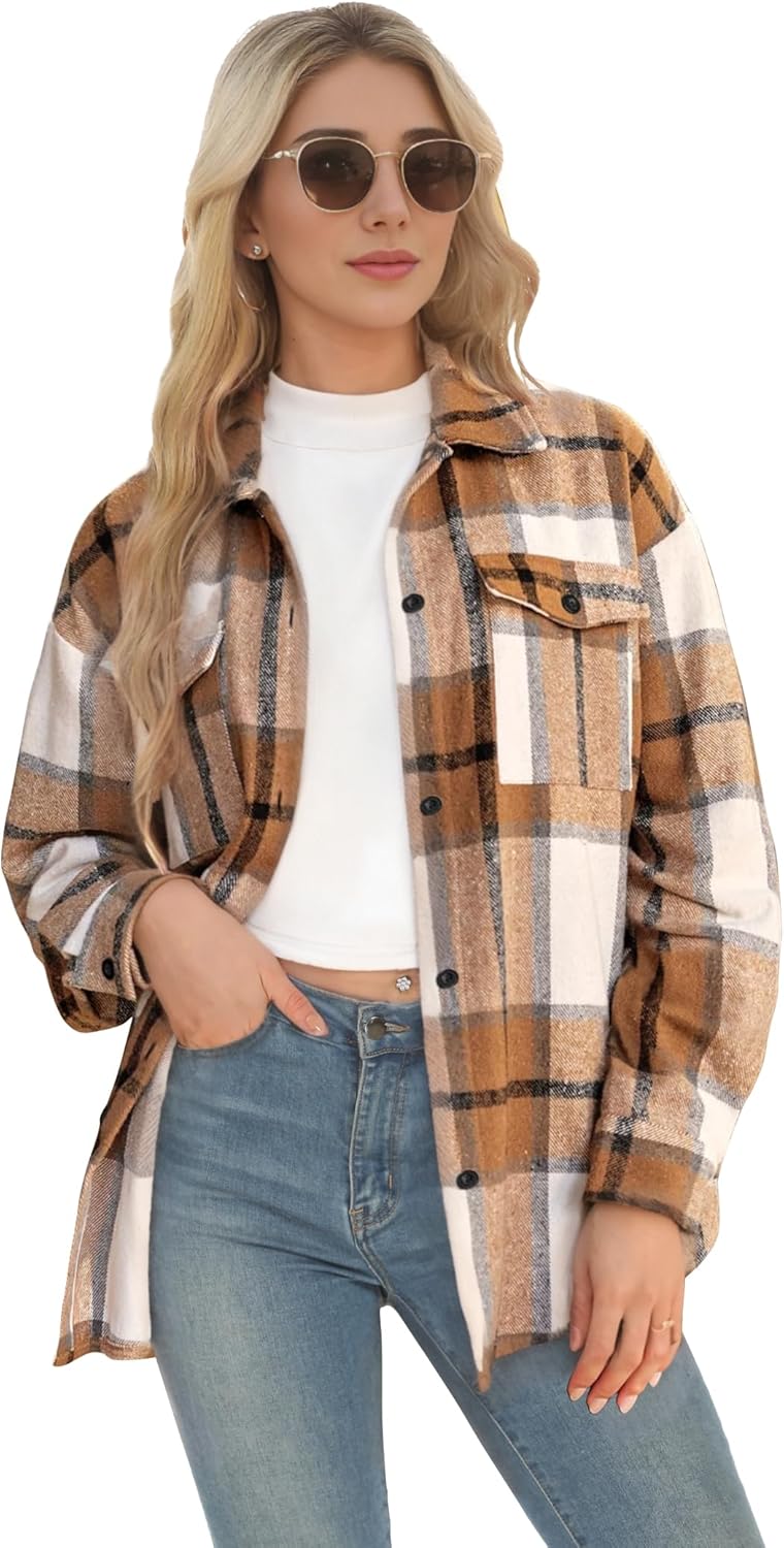 Lunira Button Down Shirts for Women Flannel Shirt Long Sleeve Plaid Shacket Fall Winter Blouse Casual Jacket with Side Pocket - Image 2