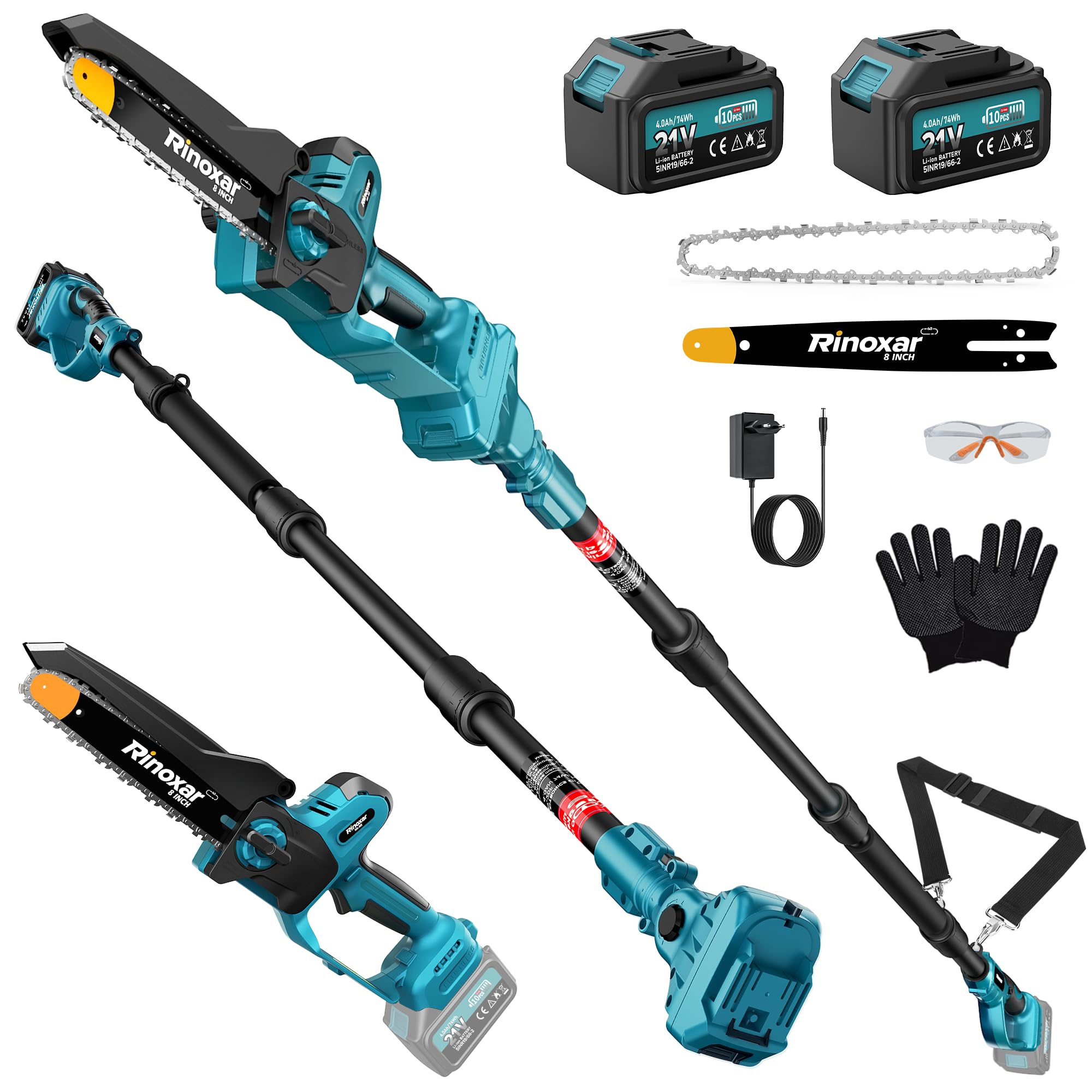 2-en-1 8 Pulgadas Mini Motosierra Bateria con Pertiga, Podadora Eléctrica sin Escobillas con 2x4000mAh Baterías, Lubricación Automática, Alcance 4M para Poda de Árboles Proyectos DIY