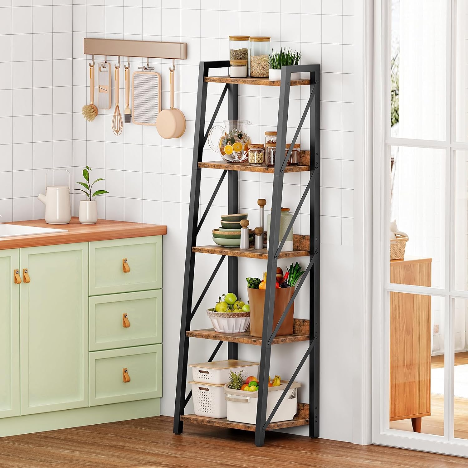 HOOBRO Ladder Shelf, 5-Tier Bookshelf, Corner Bookcase, Freestanding Storage Shelf Display Organizer, for Living Room, Bedroom, Home Office, Kitchen, Rustic Brown and Black BF305CJ01