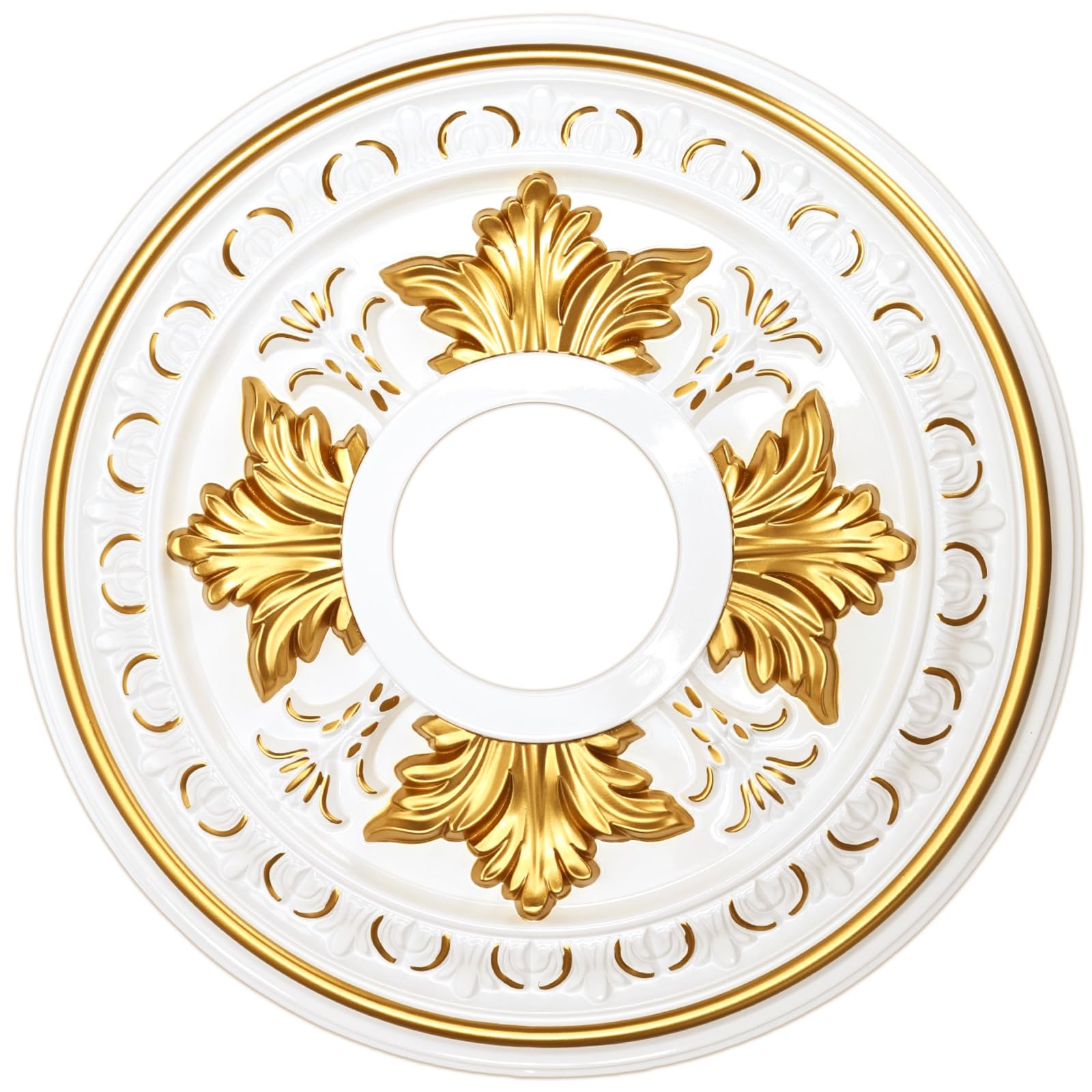 Primst PU Decorative Ceiling Medallion for Light Fixtures and Ceiling Fans, Molded Plastic, Gold and White Finish, (B-15.6"OD x 4.3"ID)