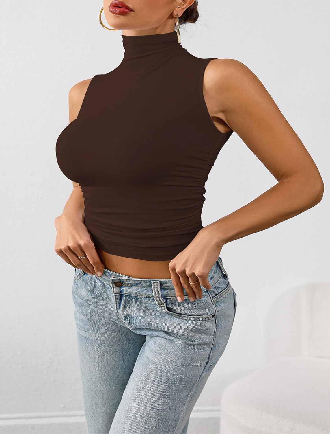 Nasperee Women Sleeveless/Cap Sleeve Mock Turtleneck Tank Tops Slim Fit Side Ruched Stretch Crop Y2K Tee Shirts - Image 2