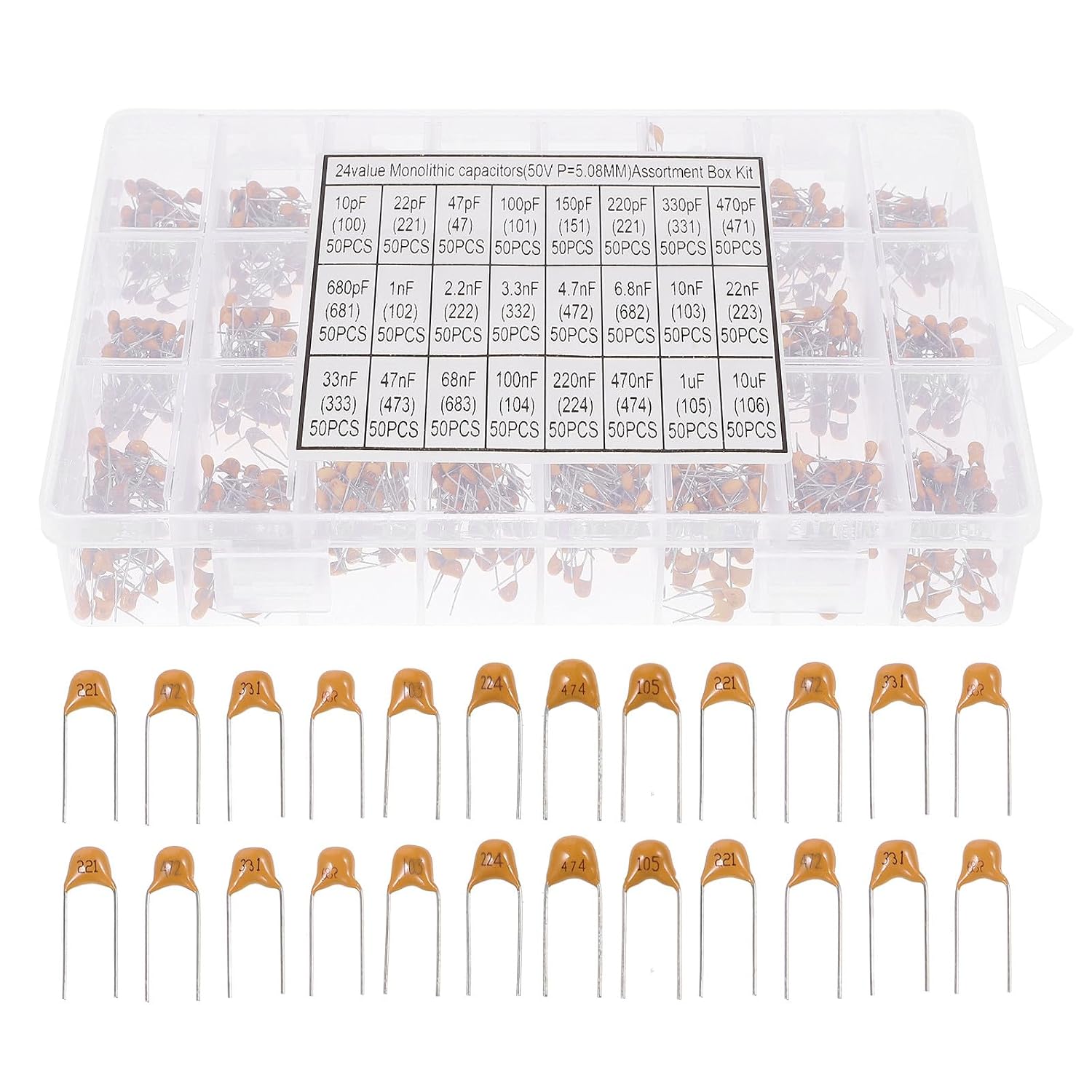 LIFKOME 1200pcs Ceramic Chip Capacitor Kit 10pf-10μf Monolithic Capacitors for Electronics Dc Assortment Set for Audio and Industrial Electrical Use