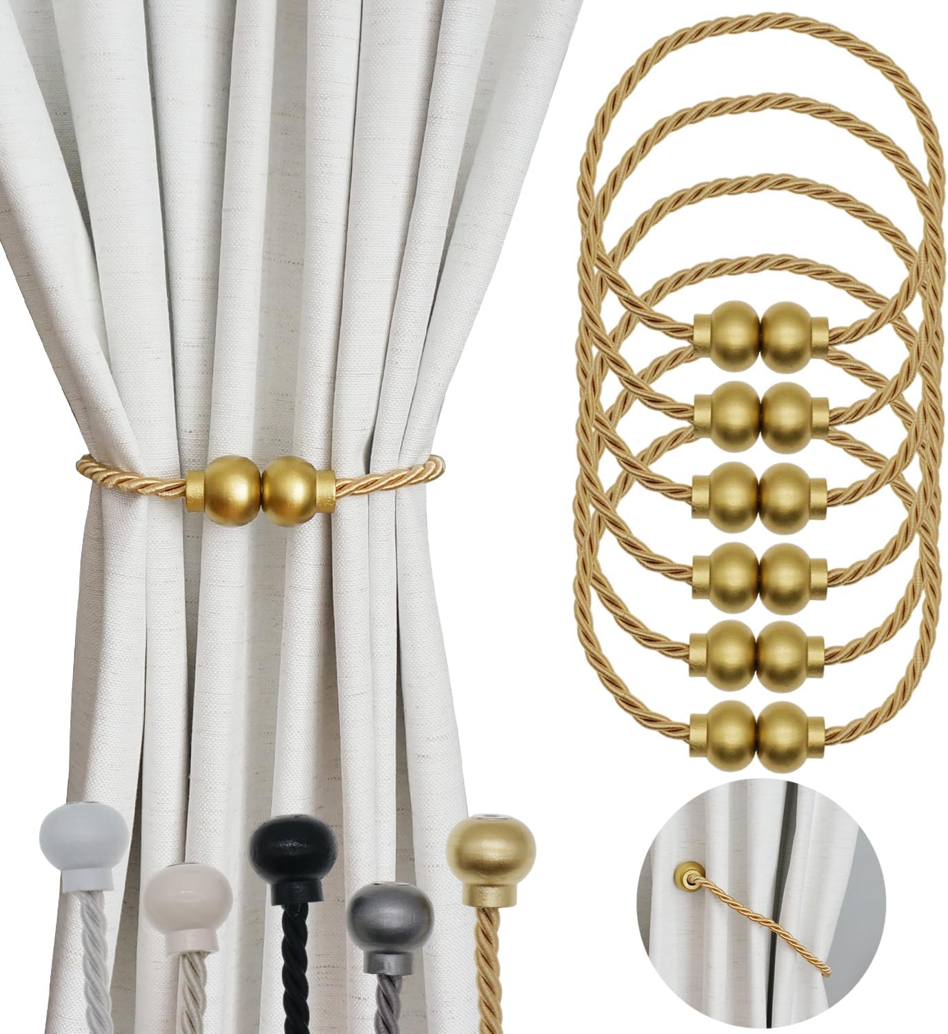 6 Pack Magnetic Curtain Tiebacks Modern Handmade Rope Curtain Tie Backs Decorative Drapes Weave Holdbacks for Home Outdoor Bedroom Office Decorative Curtain, Gold