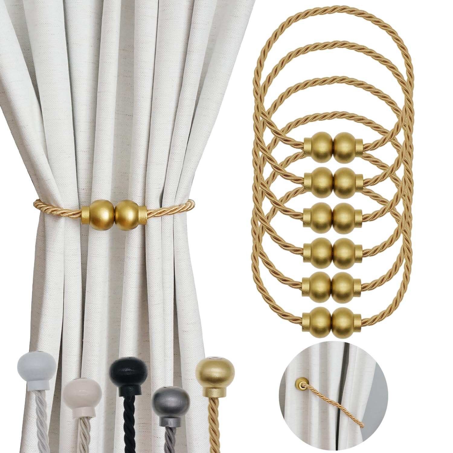 6 Pack Magnetic Curtain Tiebacks Modern Handmade Rope Curtain Tie Backs Decorative Drapes Weave Holdbacks for Home Outdoor Bedroom Office Decorative Curtain, Gold