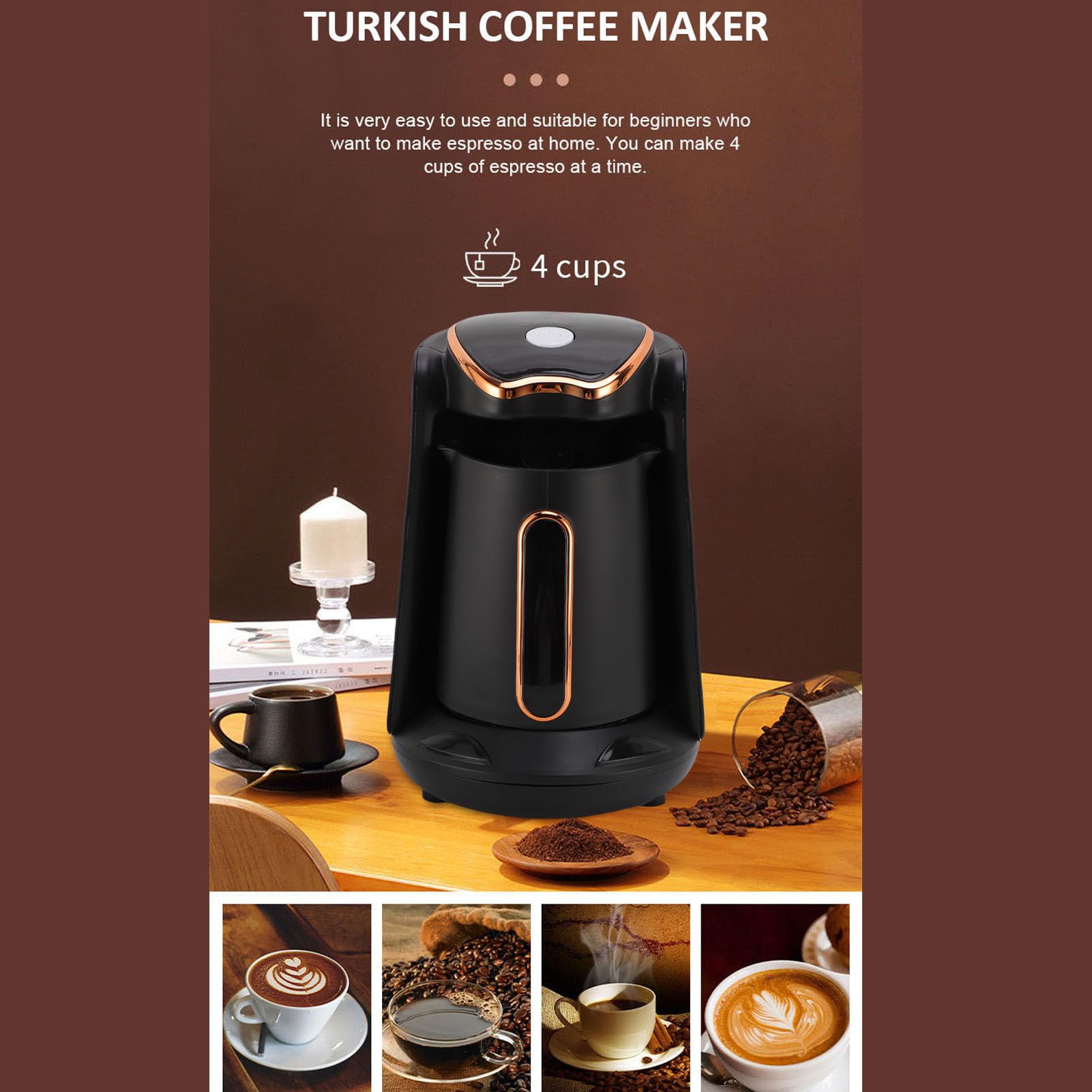 600-W-Kaffeemaschine, 600-Watt-elektrische Türkische Maschine, 4 Tassen Brühkapazität mit Überlaufschutz, Akustischer Alarm (EU-Stecker 220 V)