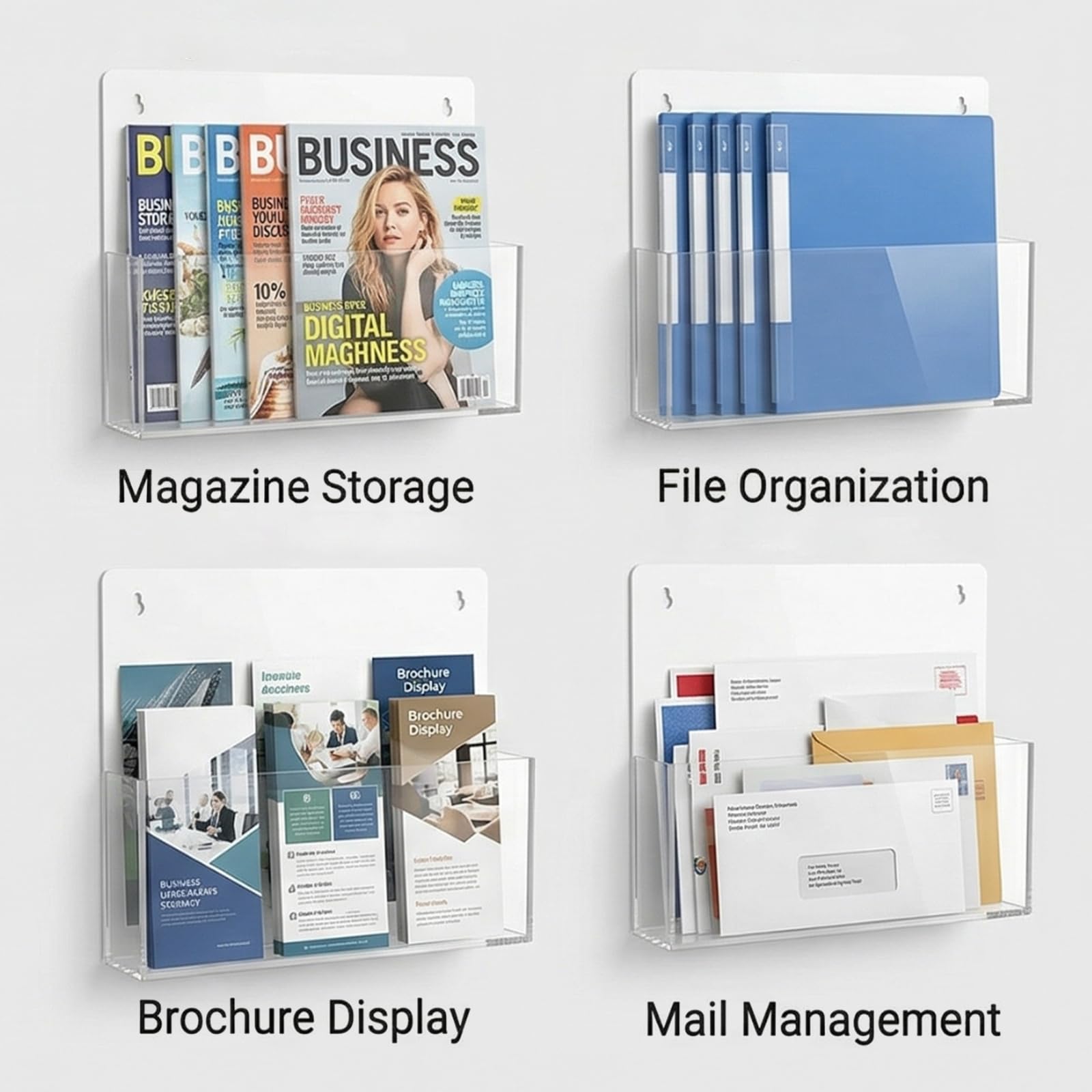 JUESHA Soporte de pared acrílico para archivos, paquete de 2 organizadores de papel para colgar, autoadhesivos, soporte de correo para carpetas de cartas, folletos de vinilo