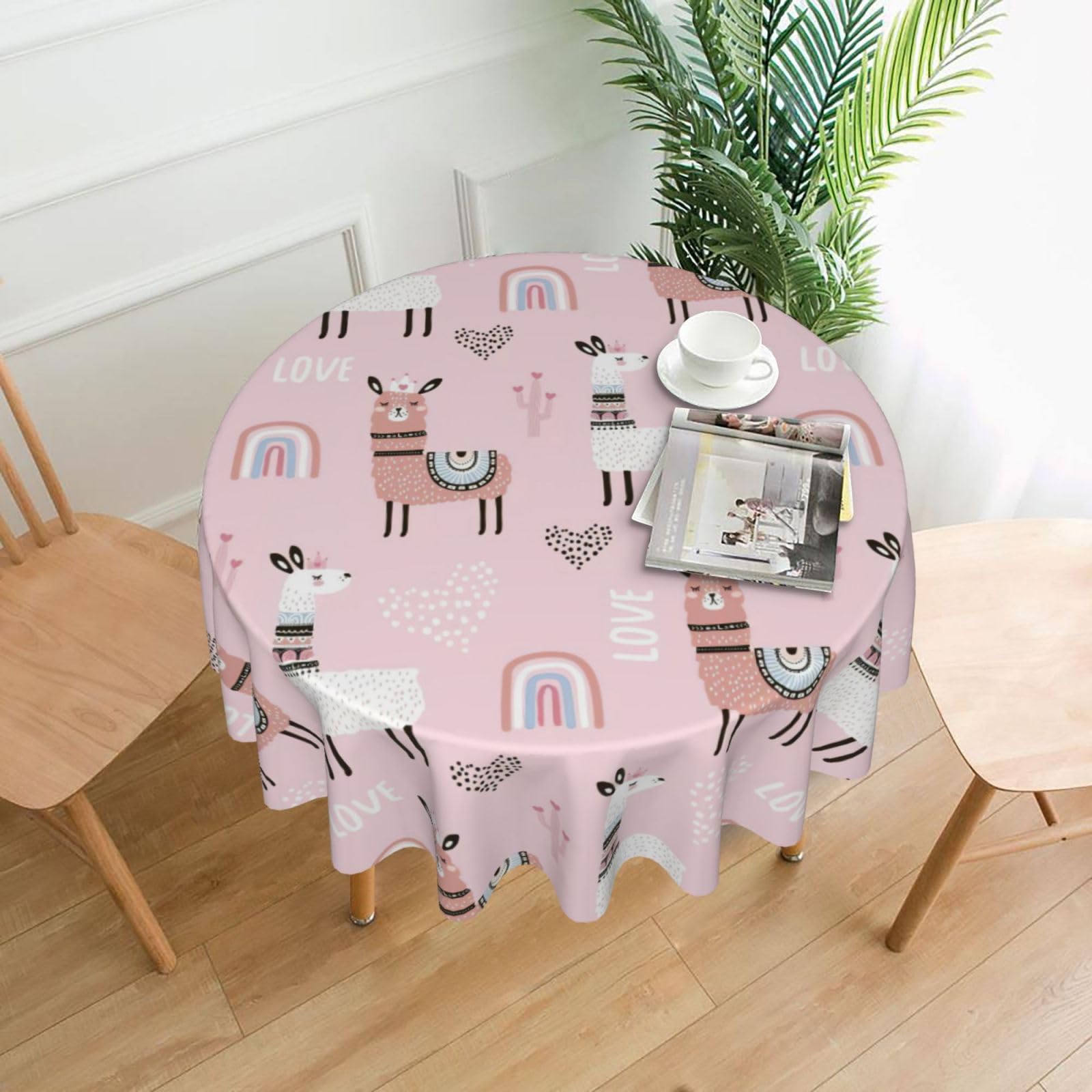 VCzsdff Pink Llama cactus Print Stain Resistant Round Tablecloth 60in Family Friendly Polyester Cloth for Kids Meals