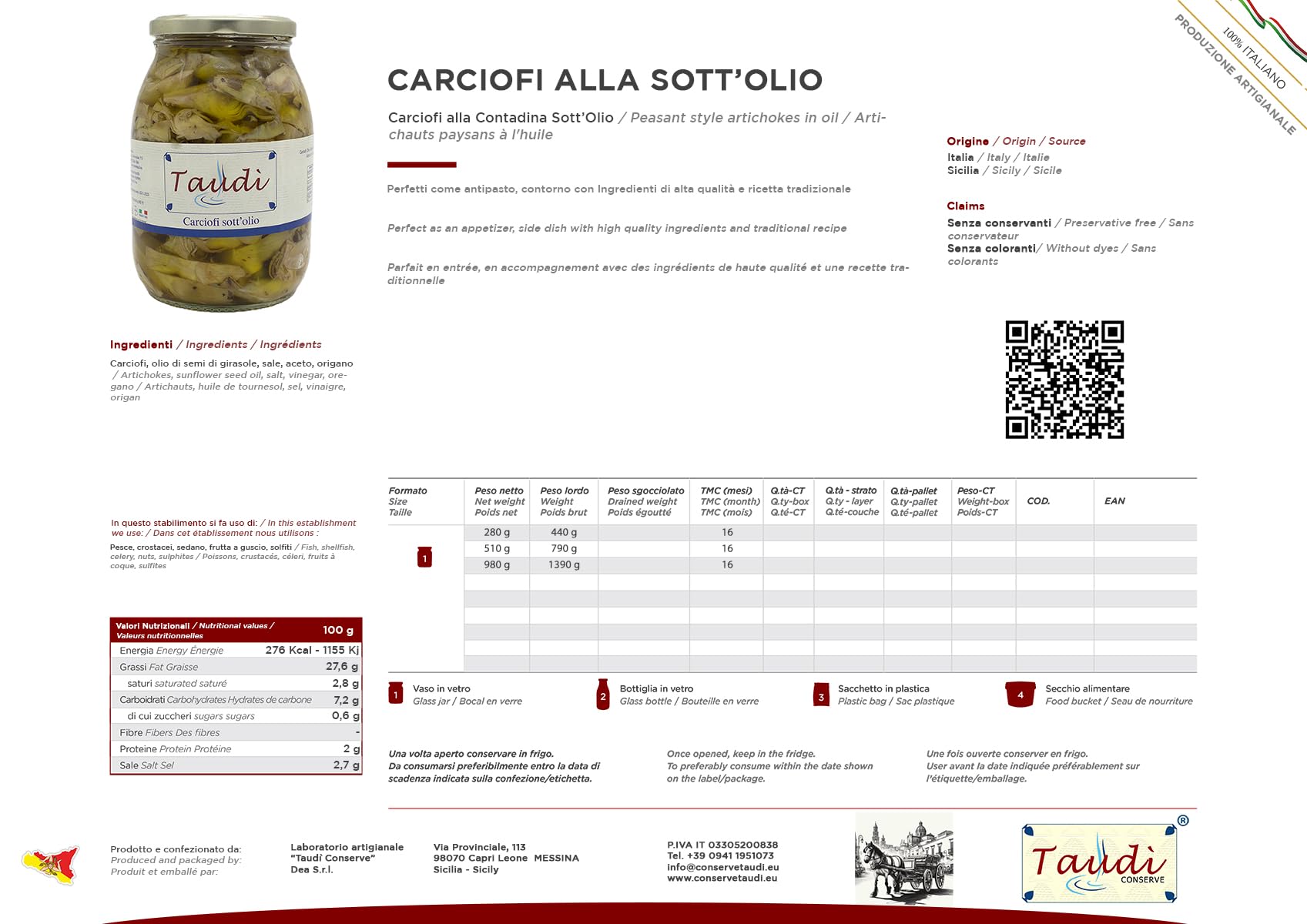 Taudì Conserve – Cœurs d’Artichauts à l’Huile d’Olive – Recette Artisanale Sicilienne – 100% Naturel, Sans Conservateurs – Idéal pour Apéritifs, Salades & Plats Gourmets – Pot en Verre 510 g