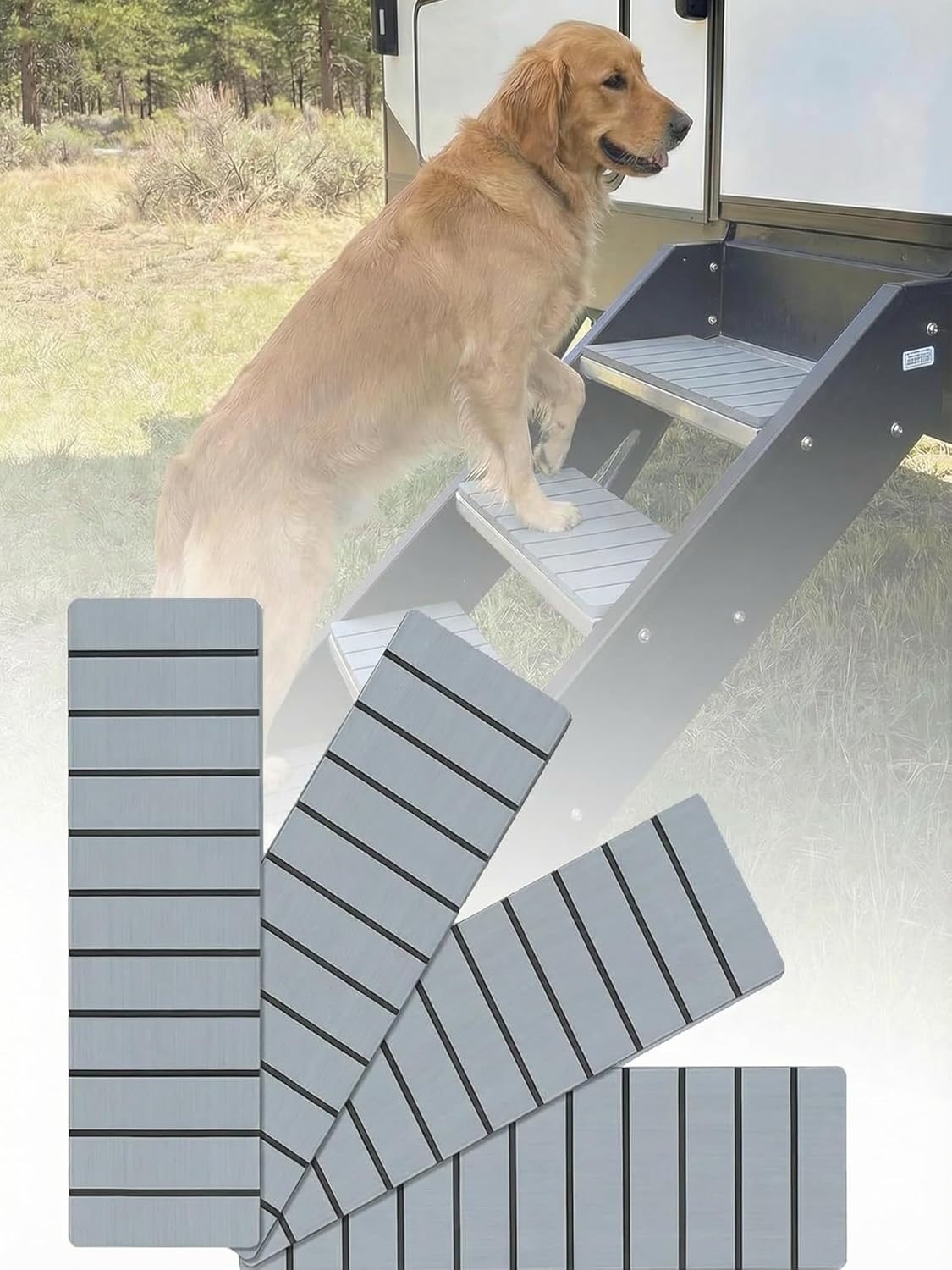 RV Step Covers 4 Pack, 24" x 7.5" Upgraded 6mm High-Density EVA Foam Stair Treads, Anti-Slip Waterproof Self-Adhesive Camper Step Mats, Trimmable RV Step Rugs for Trailers and Motorhomes (Light Gray)