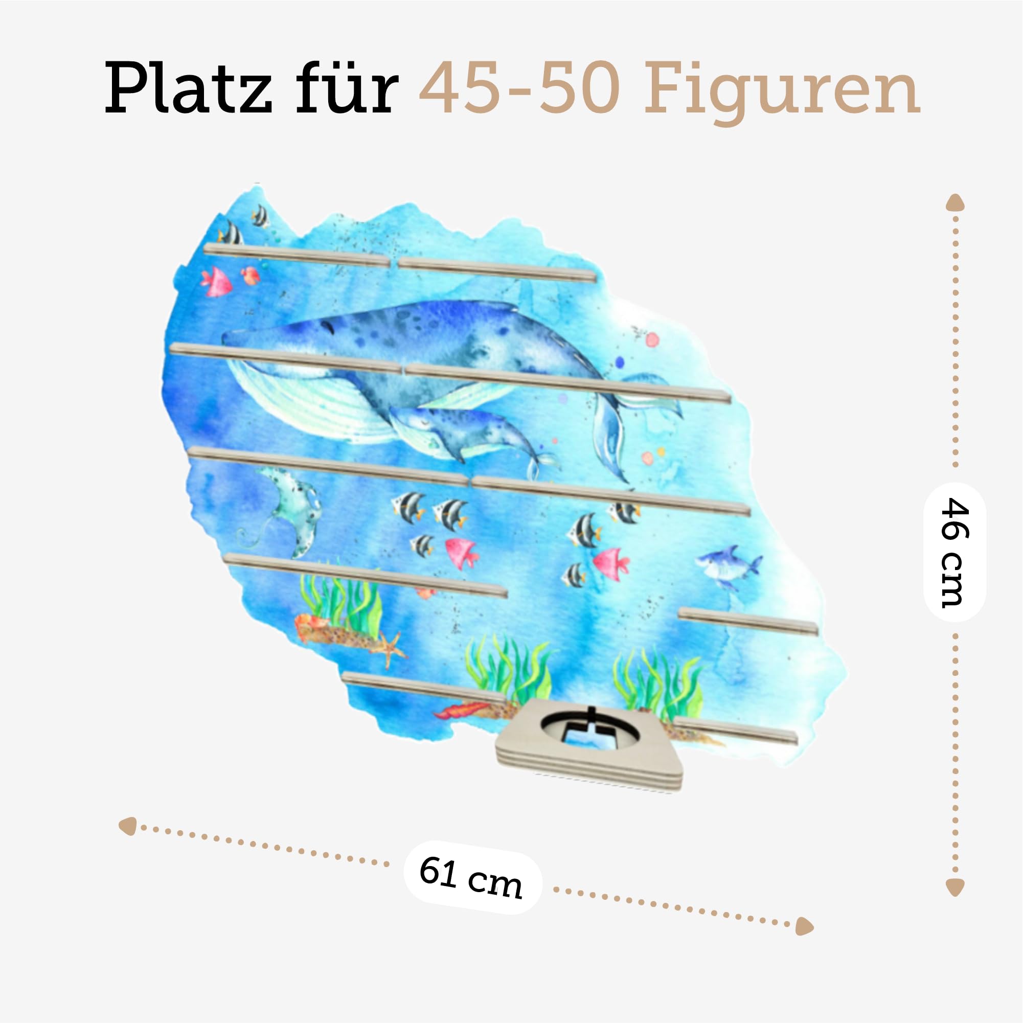 Farbklecks-Collection Tonie Regal Unterwasserwelt Wal, Wandregal für bis zu 50 Hörfiguren, Maße 6 x 61 x 46 cm, mit speziellem Ablagefach kompatibel mit Toniebox, handgefertigt in Deutschland