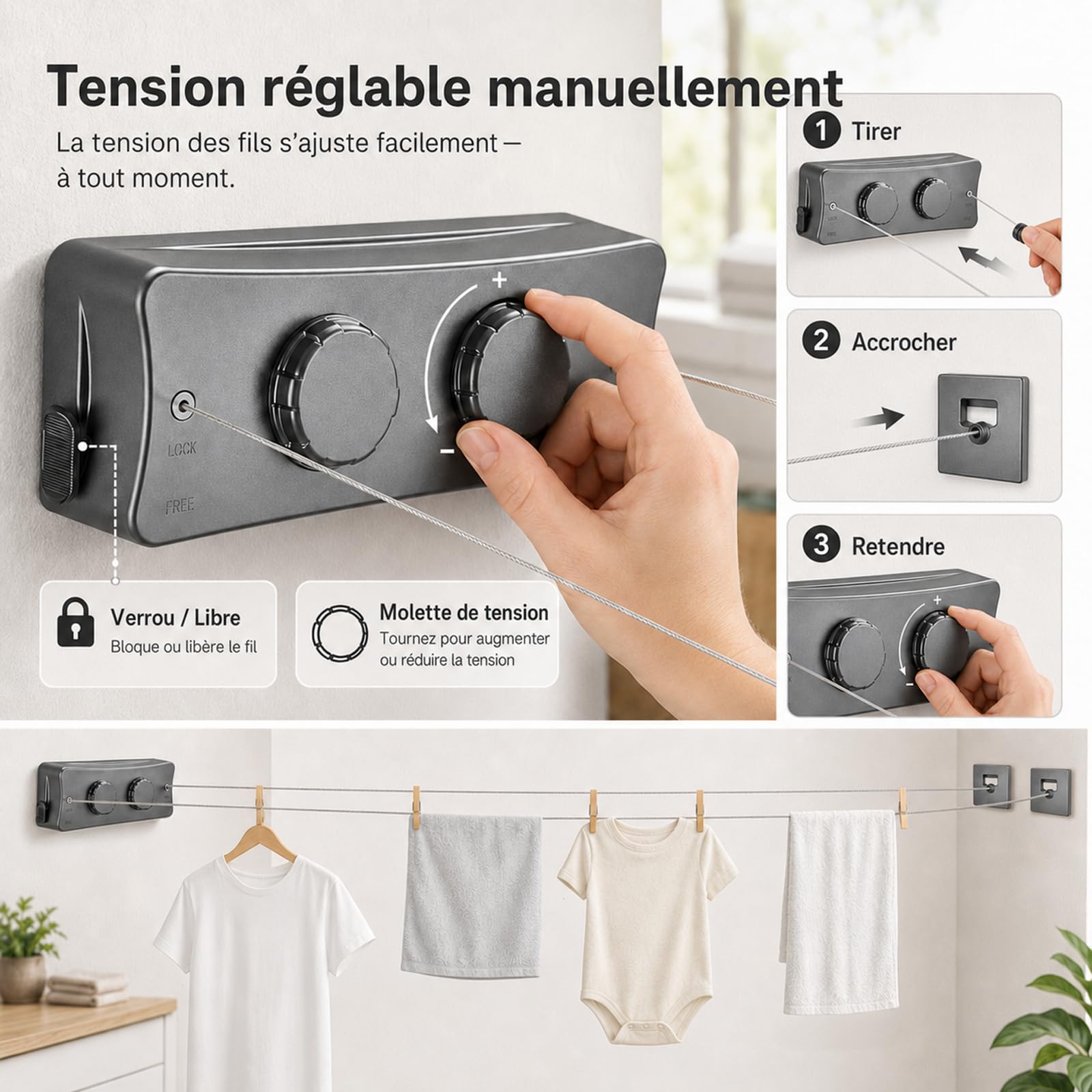 Corde à Linge Rétractable Murale 2 x 5 m avec Tendeur Intégré