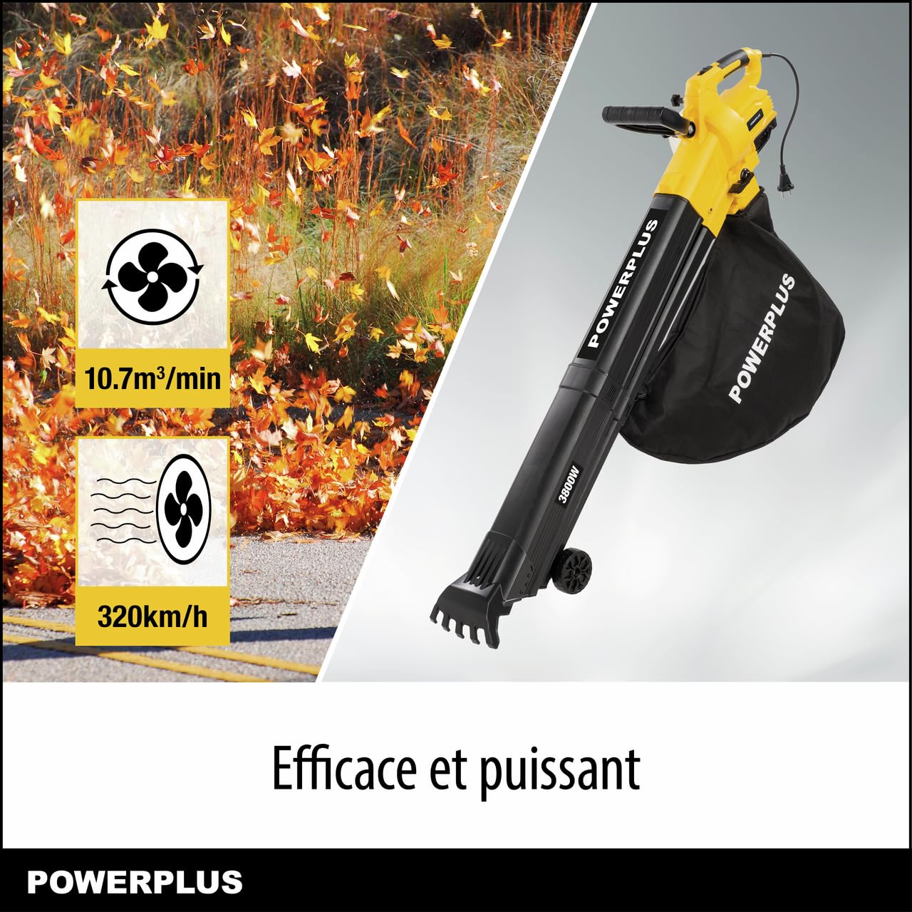 Powerplus Soplador de Hojas Eléctrico POWXG4039 - Soplador Aspirador de Hojas Electrico de 3300 W - Herramientas de Jardin