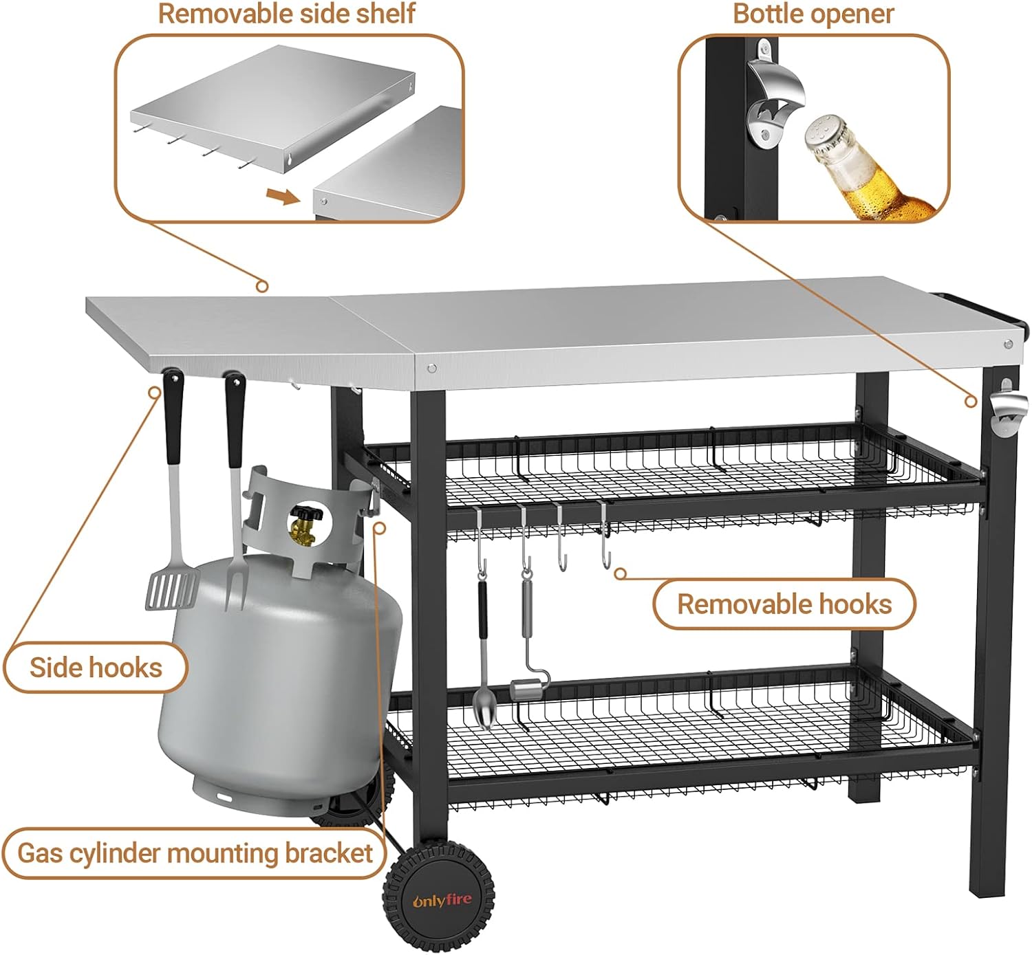 Onlyfire Heavy Duty BBQ Trolley Food Prep Table, Stainless Steel Flattop Worktable with Side table, Two-layer Steel Basket and Utensil Holder