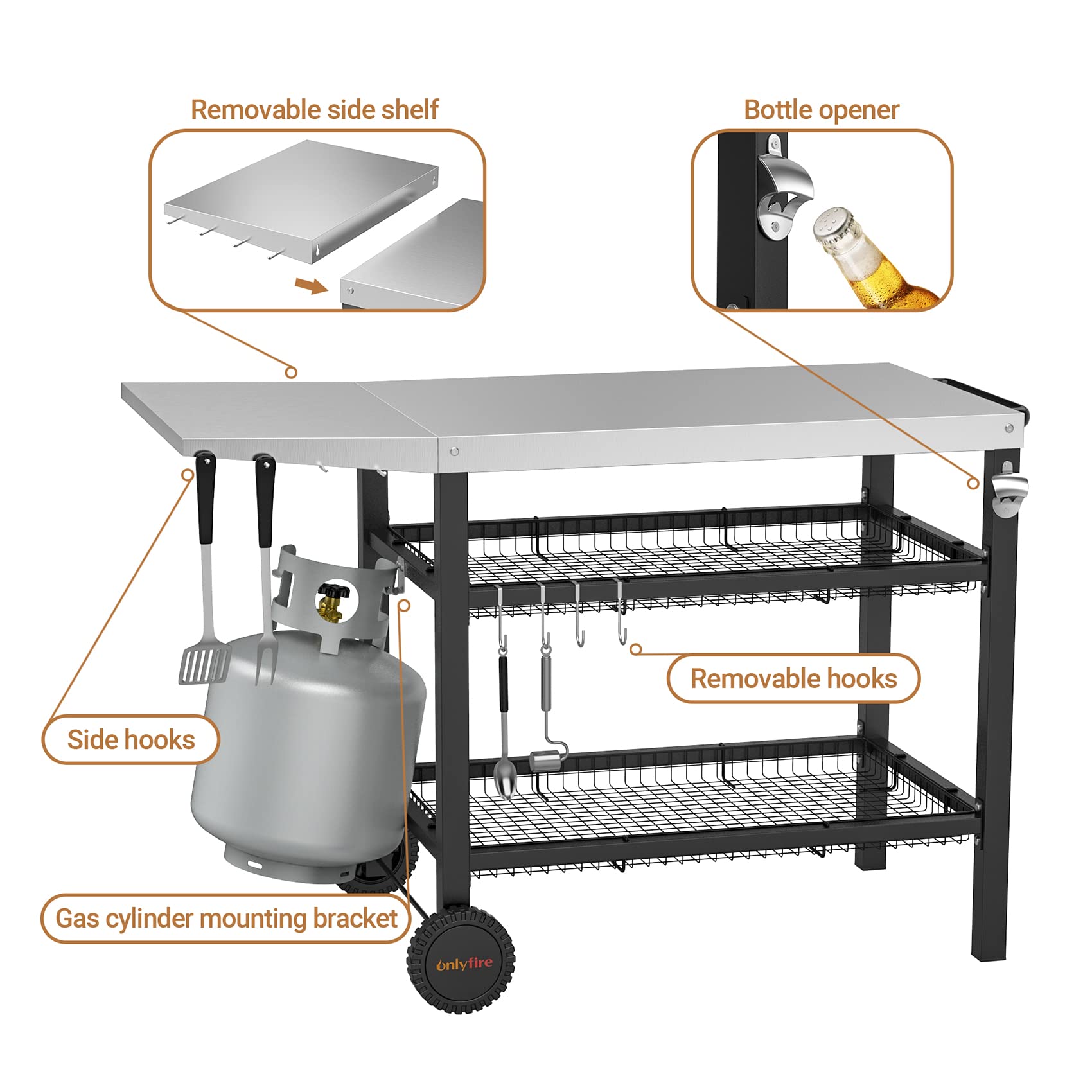 Onlyfire Amélioré Chariot de barbecue, Desserte Cuisine Inoxydable pour Plancha, avec Table d'appoint, Panier de rangement à deux couches et Porte-ustensiles,