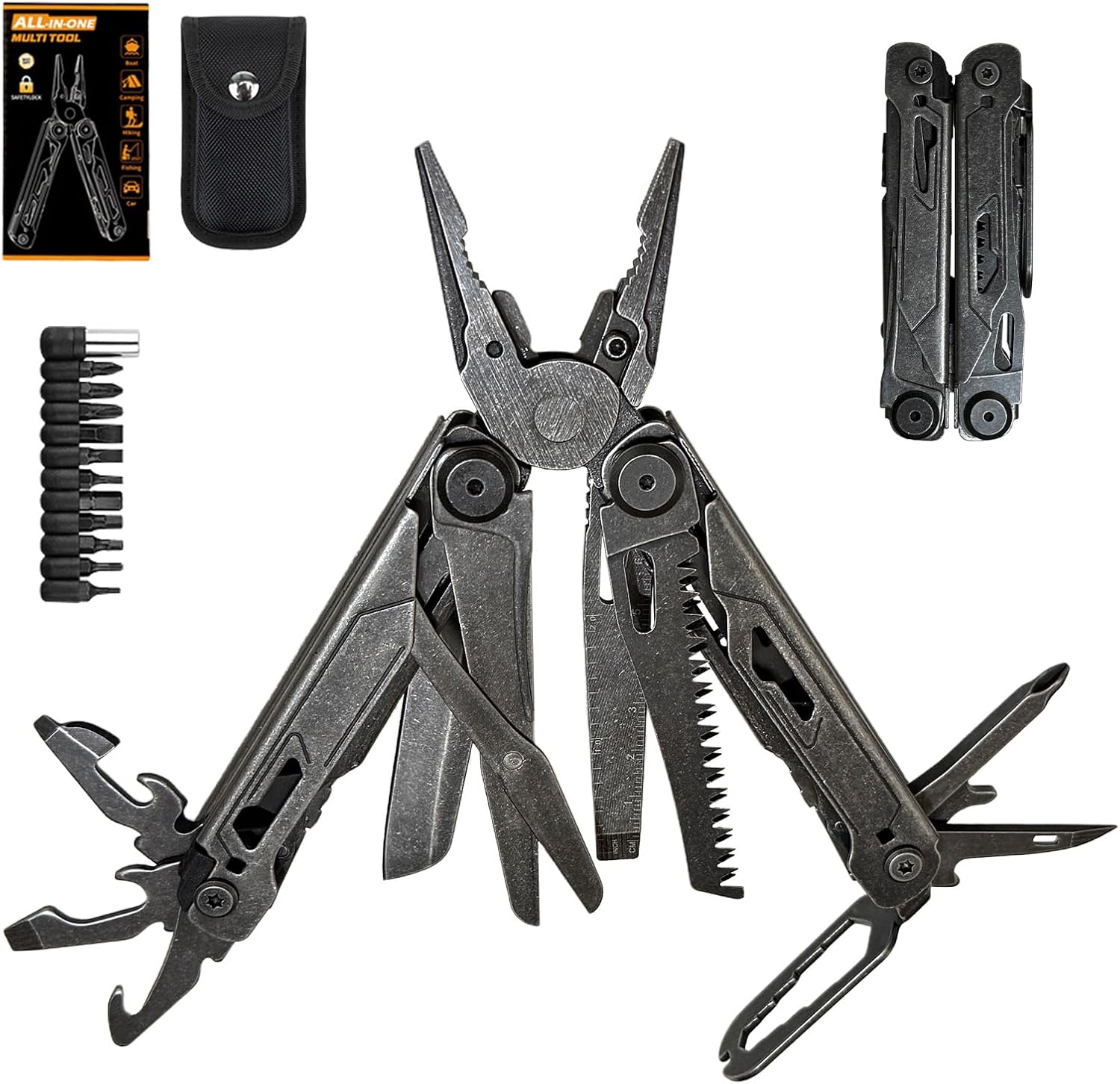 34-in-1 Multitool Pliers with Scissors,Bottle Opener, Allen Wrench,Rope Cutters,File, Noticed, Screwdrivers,Stainless Metal Multi Instrument with Carrying Pouch Preferrred for Tenting Survival & Reward for Dad Him Males