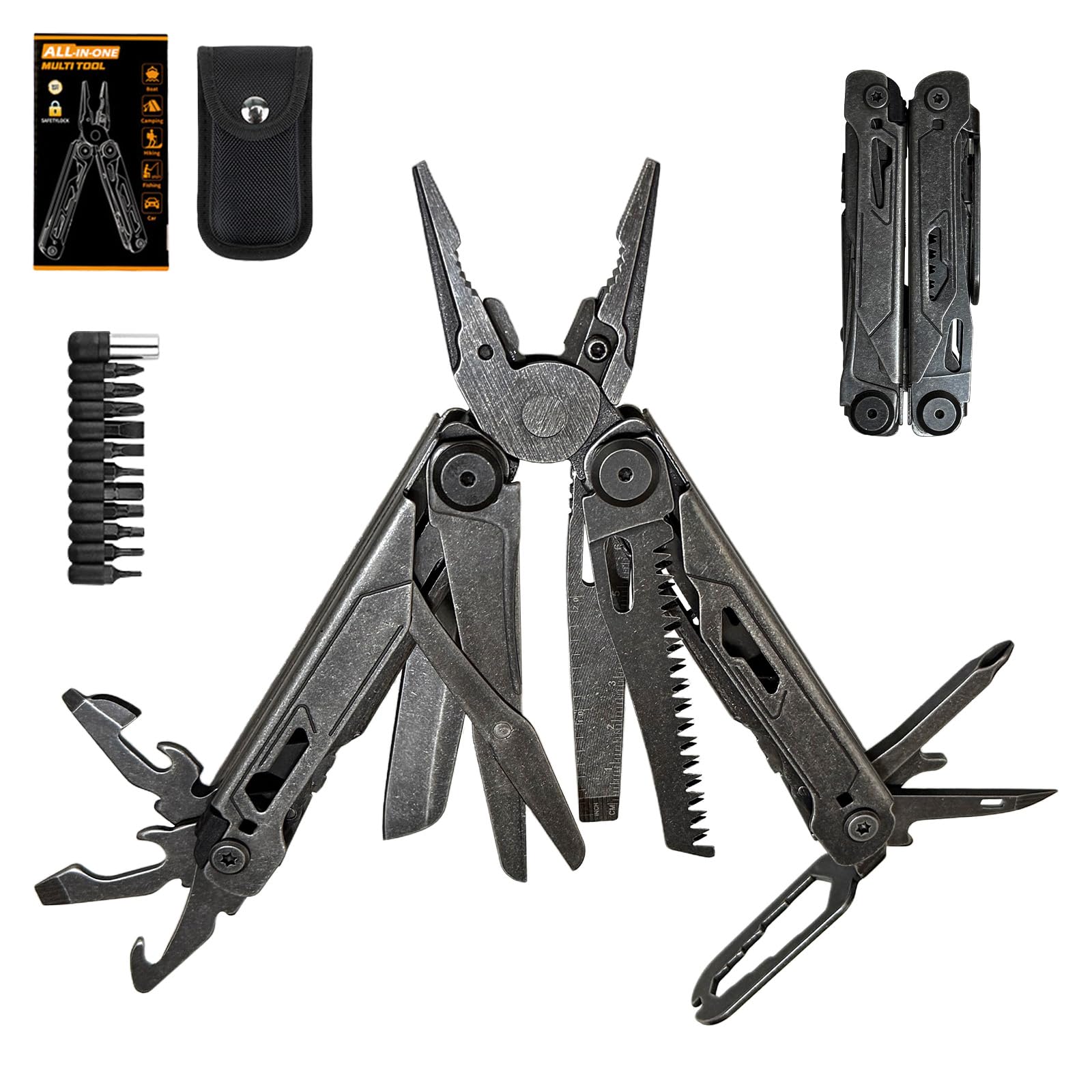34-in-1 Multitool Pliers with Scissors,Saw, Screwdrivers,Bottle Opener, Allen Wrench,Rope Cutters,File, Stainless Steel Multi Tool with Carrying Pouch Ideal for Camping Survival & Gift for Dad Him Men