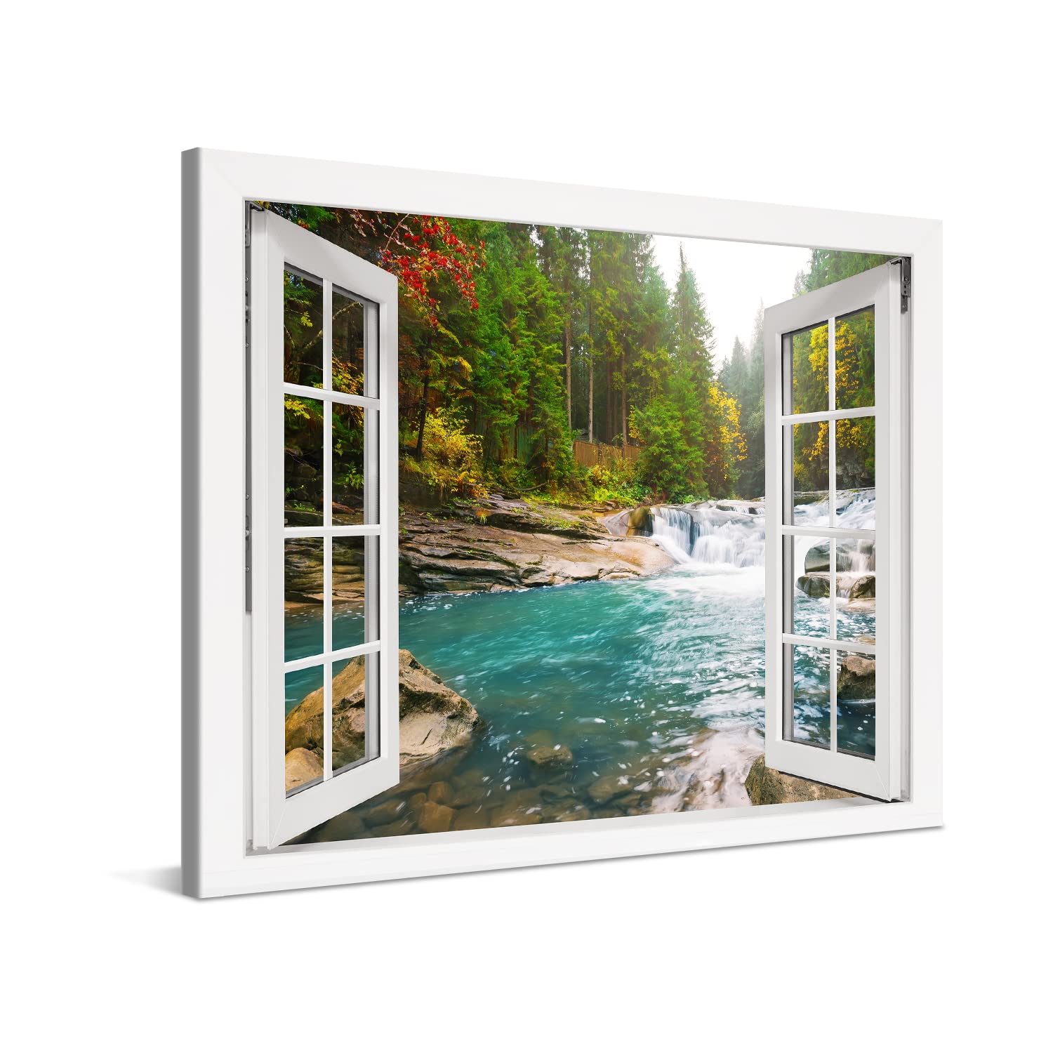 PICANOVA – Bosque Río Cascada Ventana 100x75cm – Cuadro sobre Lienzo – Imagen Impresión Montado sobre Marco De Madera – Cuadro Decoración Moderno Para Salón o Dormitorio – Colección Bosque