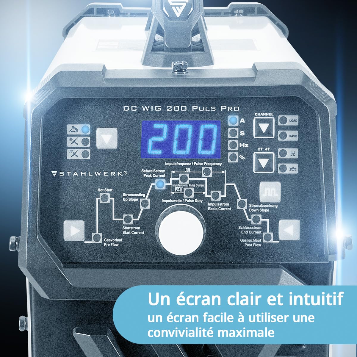 STAHLWERK Poste à souder combiné 2-en-1 DC TIG 200 Puls Pro – TIG & MMA (ARC) jusqu'à 200 A, fonction Pulse, mémoire de jobs, Hotstart, adapté aux tôles fines, pour acier, inox, cuivre & laiton
