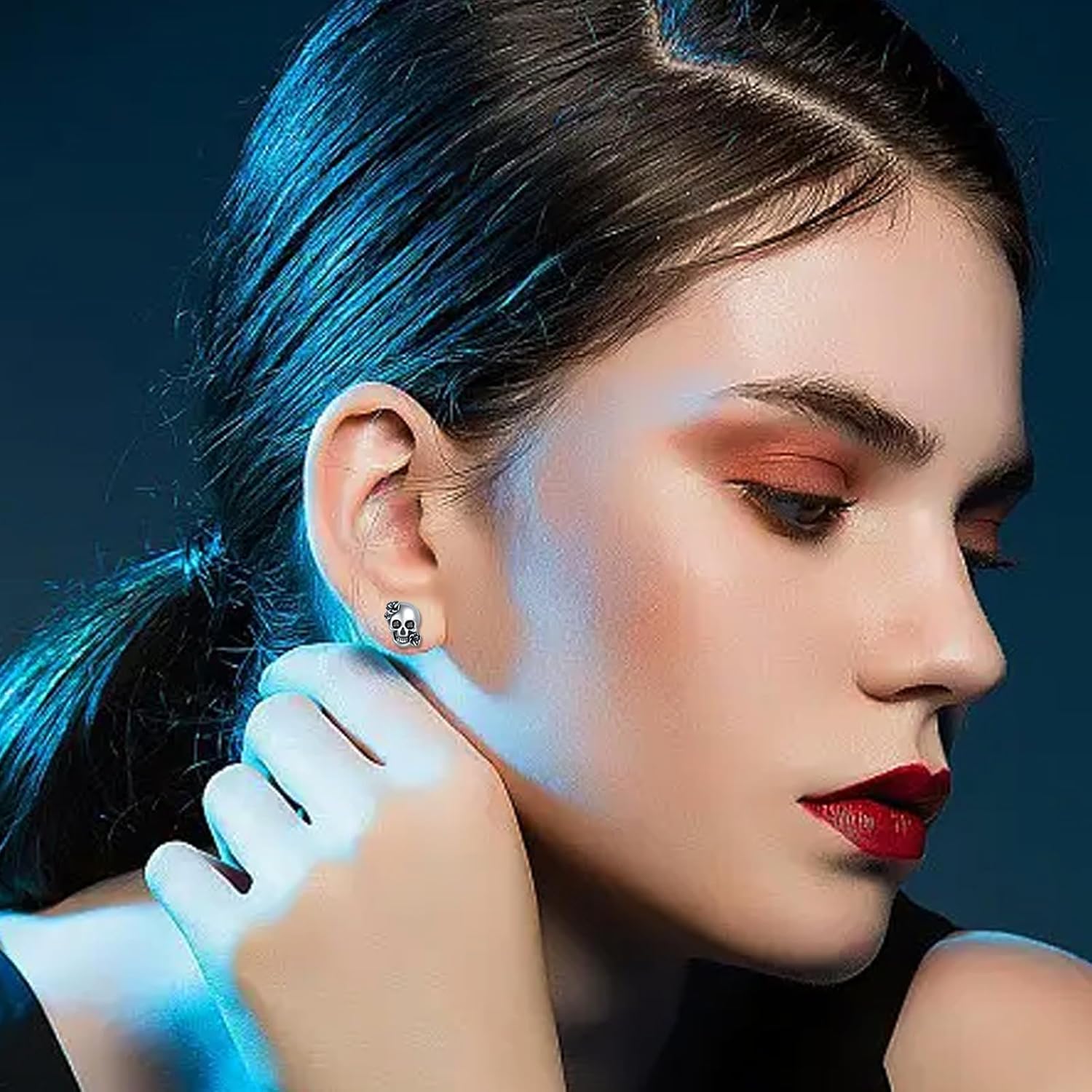 925 Sterling Silver Skull Stud Earrings - Gothic Rose Design with Black Diamond Eyes - Hypoallergenic, Perfect for Men, Women & Halloween Gifts - Image 3