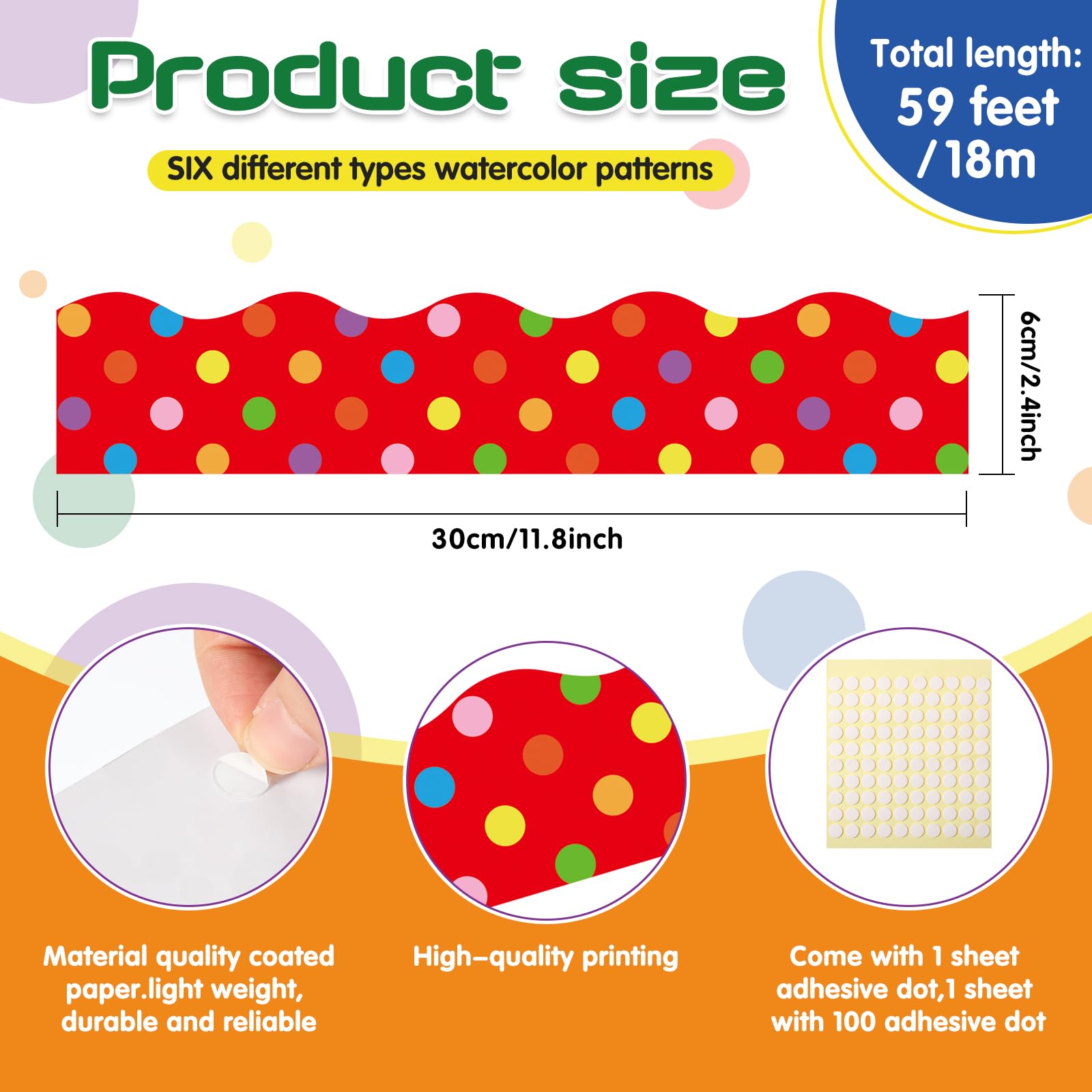 Rainbow Dot Bulletin Board Border - 65.6ft Black Scalloped Trim For Classroom & Office