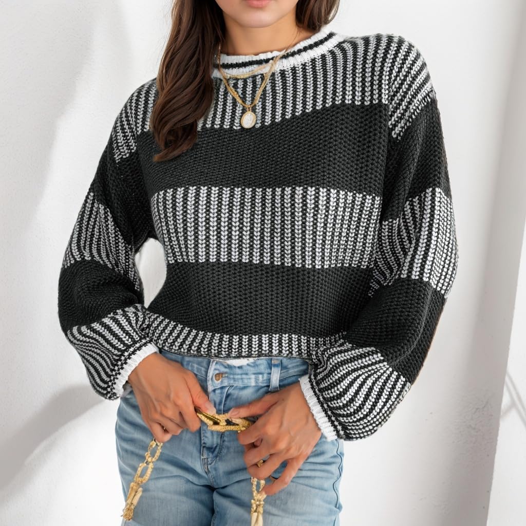 ZAFUL Womens Cropped Sweaters 2025 Crewneck Long Sleeve Knit Striped Color Block Lightweight Pullover Jumper Tops(S-Black, S) - Image 2