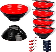 IKIGAI, Ramen Bowl with Chopsticks and Spoon Set of 4 (20 pcs) - 32 OZ Large Melamine Noodle Soup Bowl Set -Pho Bowls and Spoons Set For Ramen, Pho & Soup