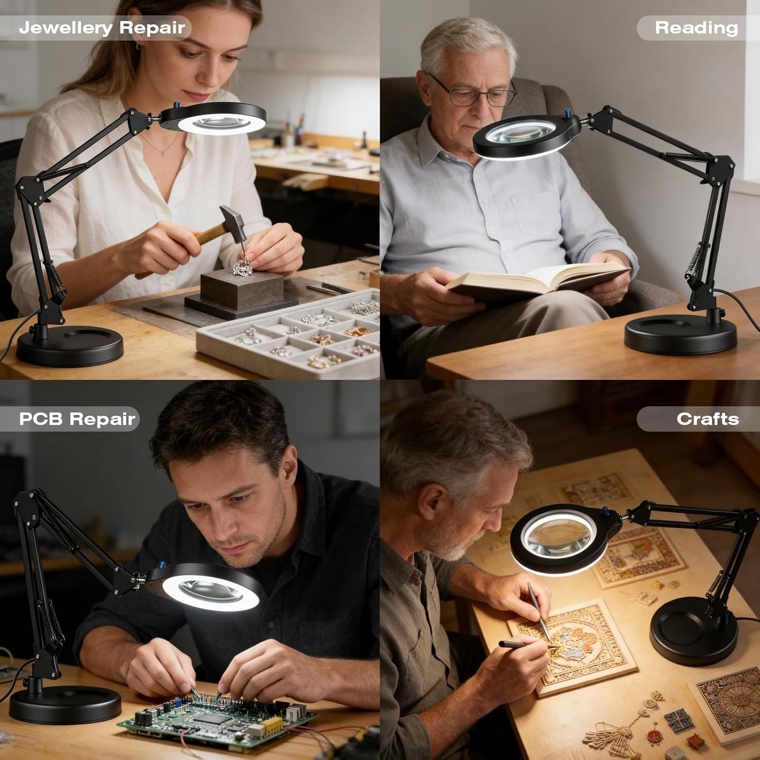Lupa de 10 aumentos con luz y soporte, 5 modos de color y lámpara de aumento LED regulable continua, lámpara de escritorio manos libres para leer, manualidades, pasatiempos y trabajos