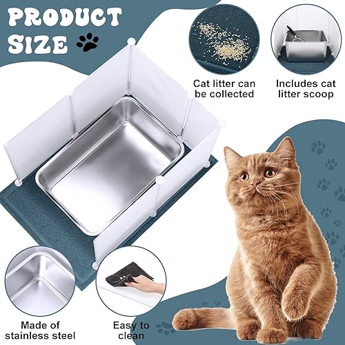 Miniatura 3 de Pinkunn Juego de 2 cajas de arena grandes de acero inoxidable, incluye 2 cucharas de arena para gatos, 12 protectores contra salpicaduras y 2