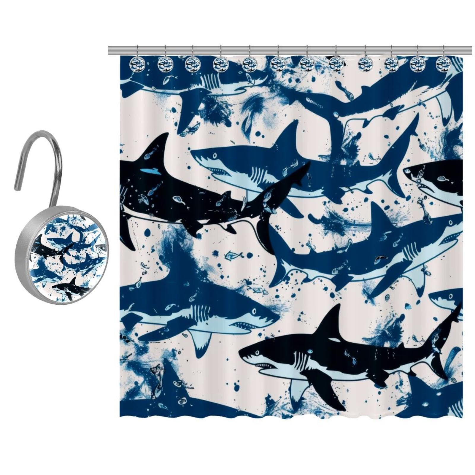 Eslifey Shower Curtain, Sharks Blue Splash Pattern Shower Curtain Sets with 12 Shower Curtain Hooks, Rustic Farmhouse Bathroom Shower Curtain, 72''x72''