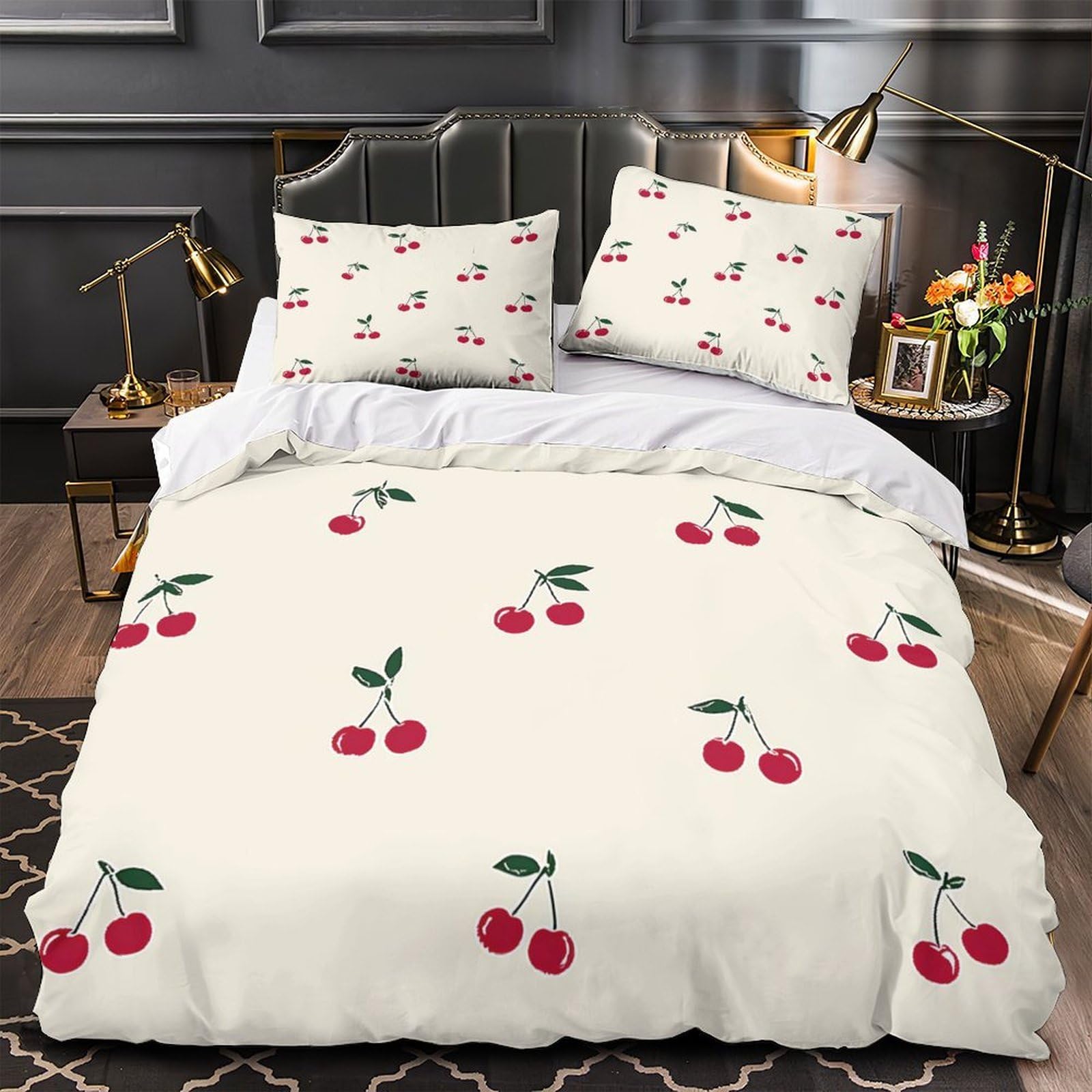 Kirschcluster 3-teiliges Reines Polyester Vintage Frucht Muster Bettbezugset, Versteckter Reißverschluss, Für Kleinkinder, Babysicher & Gifffrei, Pflegeleicht King（220x240cm）