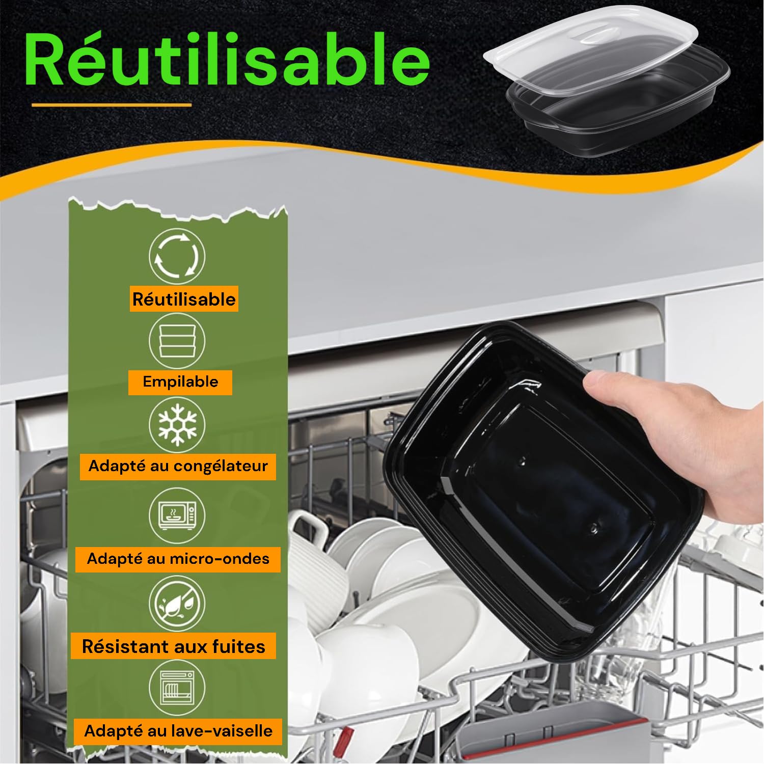 EURO DECO Barquette en Plastique, Contenants de Meal Réutilisables 1000 ml – Lot de 50 boite,1Compartiment, Couvercles Hermétiques Anti-Fuite – Compatibles Micro-ondes et Lave-Vaisselle, Idéales pour