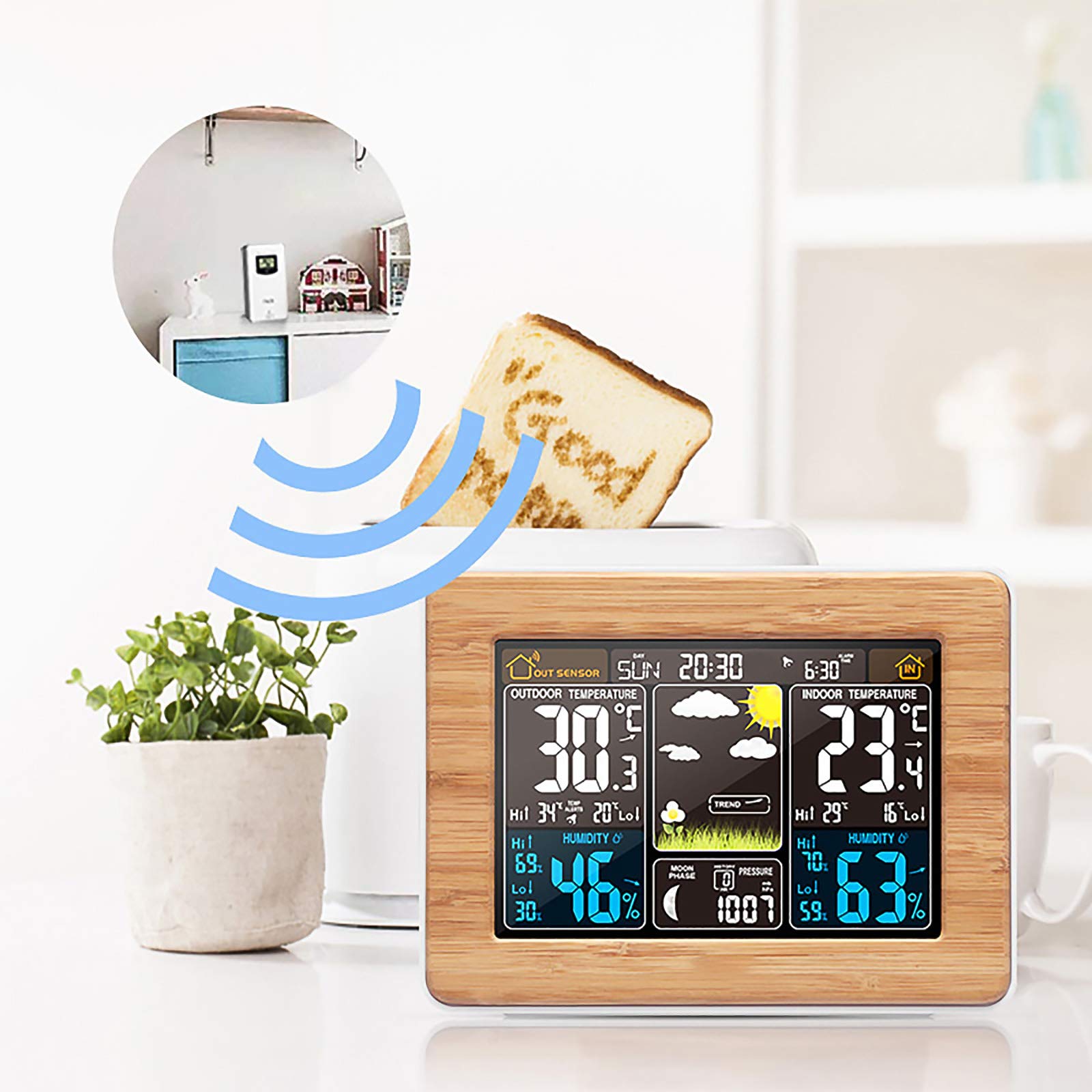 Station Météo Sans Fil Design Bois - Thermomètre Hygromètre Numérique Avec Capteur Externe - Réveil Et Horloge Intérieure - 8