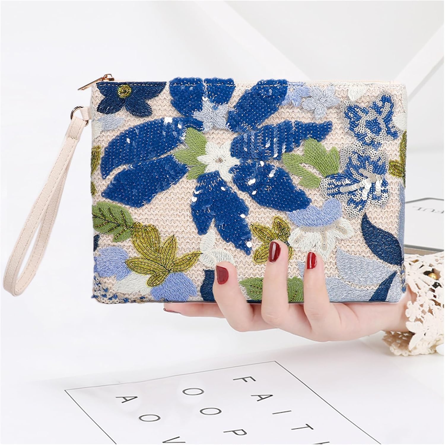 Clutch Purses for Women, Straw Bag, Bohemian Handmade Sequin Embroidered Flowers Envelope Package, Leather wristbands, Beach Handbags for Vacation, Travel, Banquet(Blue Flower) - Image 9