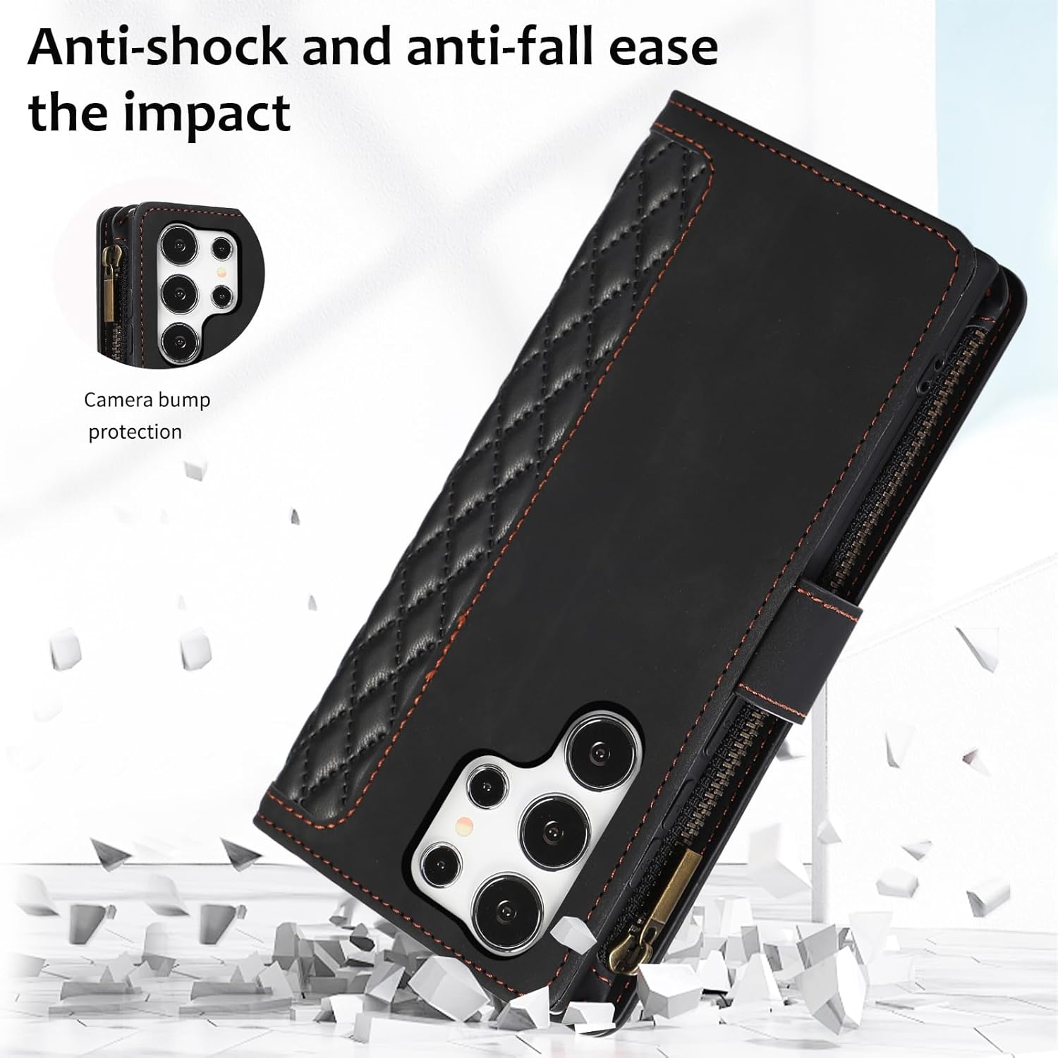 Asuwish Phone Case for Samsung Galaxy S25 Ultra 5G Wallet Cover With Tempered Glass Screen Protector and Crossbody Wrist Strap Flip Zipper Credit Card Holder Cell S25Ultra 25S S 25 25Ultra Women Black - Image 6