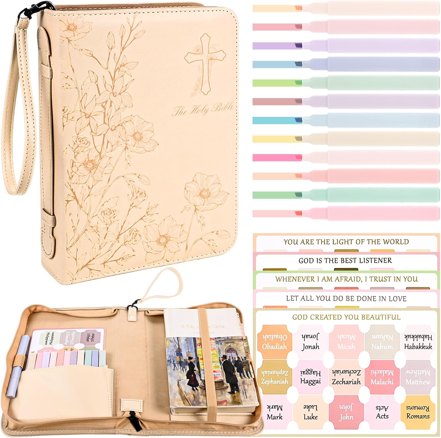 Bible Cover Case for Women Leather Floral Bible Bag Large Bible Carrying Case Study Supplies with Highlighters Tabs for Mothers Day Christian Gifts